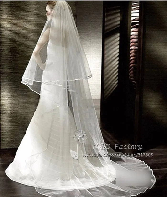 2 Layers 3 Meters Long Satin Ribbon Edge White Ivory Wedding Bridal Veil