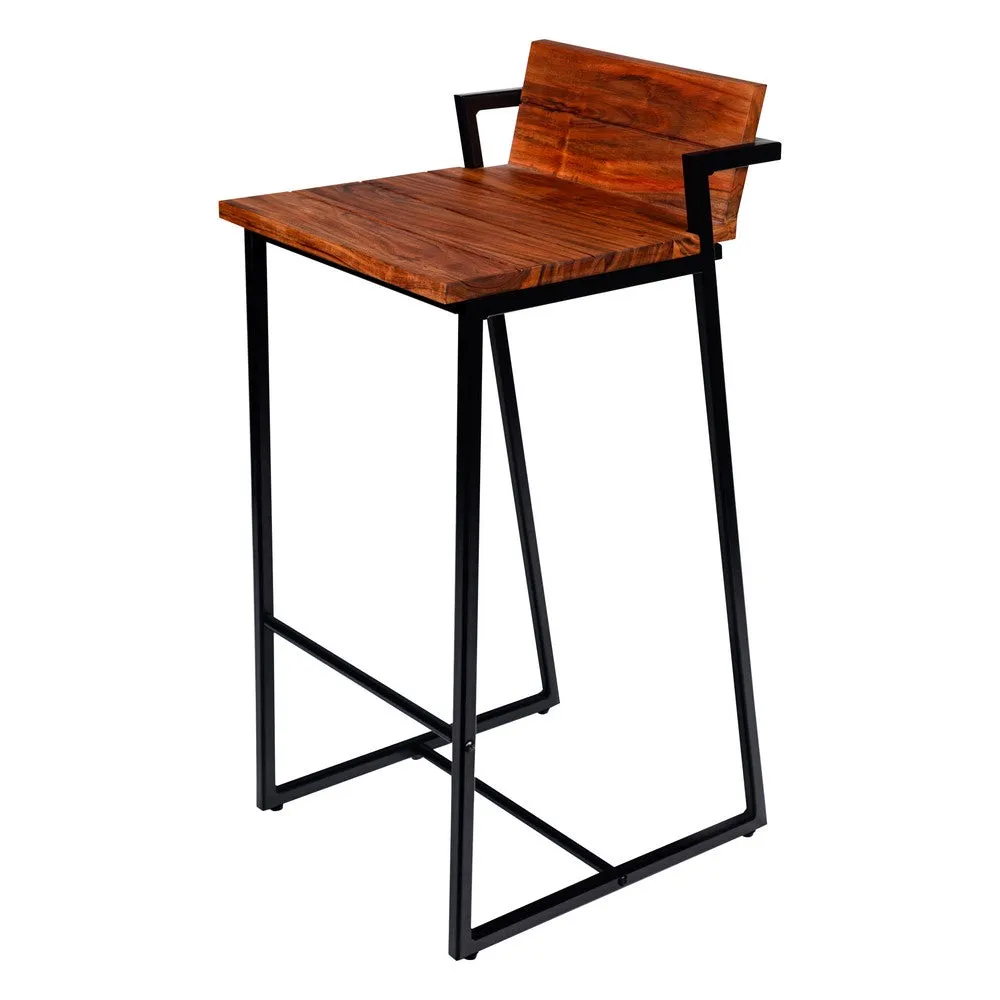 35 Inch Industrial Style Acacia Wood Barstool with Metal Frame, Brown and Black By The Urban Port