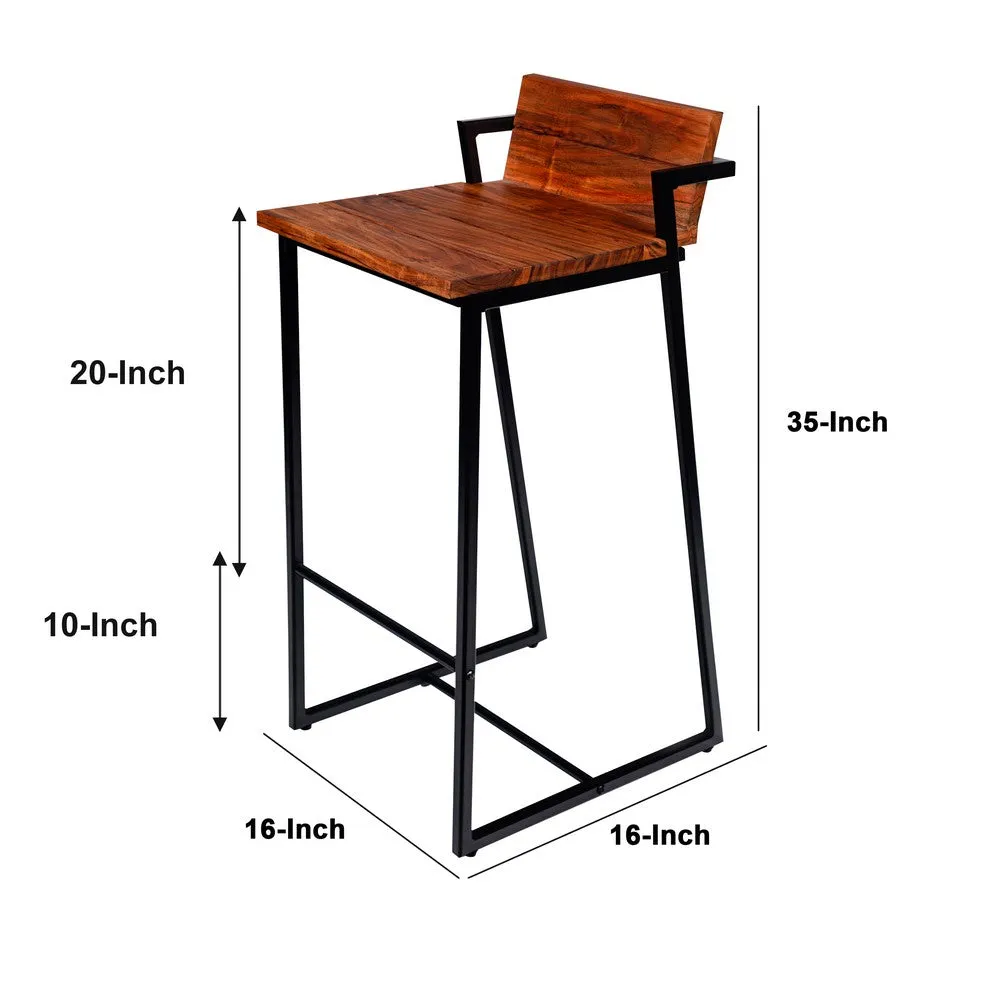 35 Inch Industrial Style Acacia Wood Barstool with Metal Frame, Brown and Black By The Urban Port