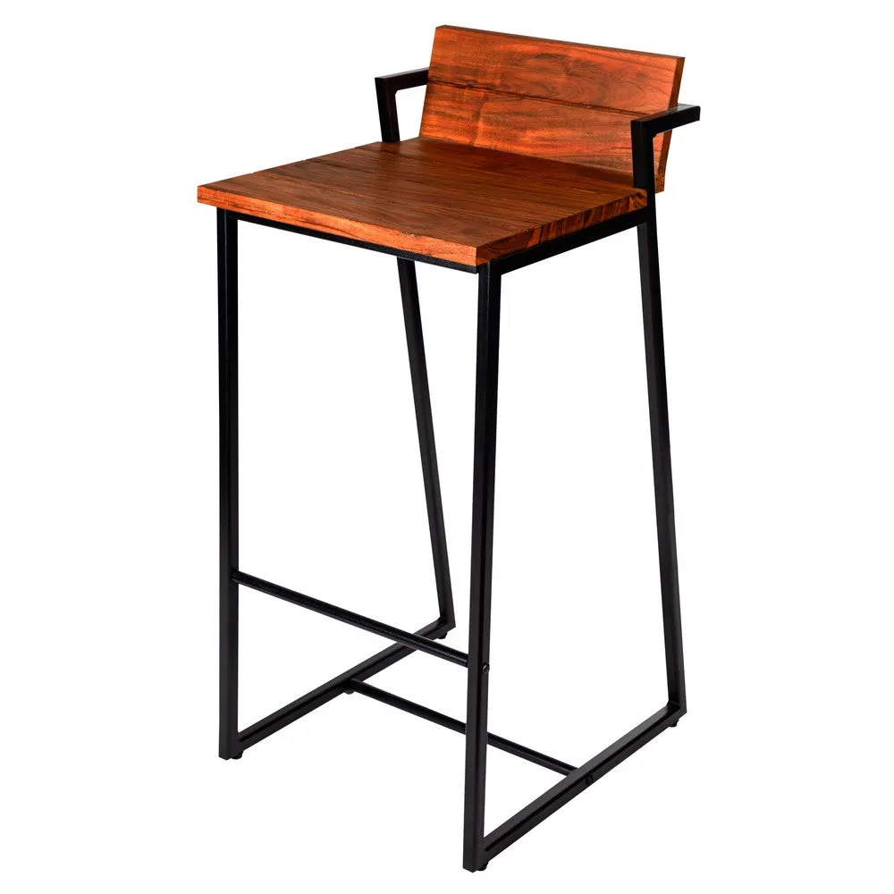 35 Inch Industrial Style Acacia Wood Barstool with Metal Frame, Brown and Black By The Urban Port