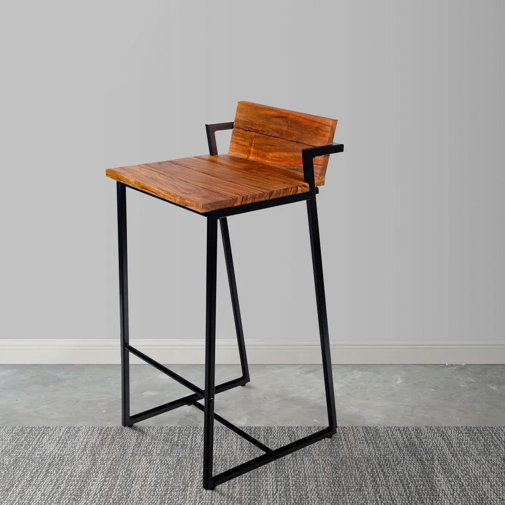 35 Inch Industrial Style Acacia Wood Barstool with Metal Frame, Brown and Black By The Urban Port