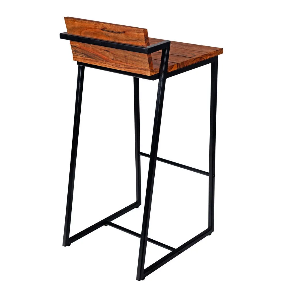 35 Inch Industrial Style Acacia Wood Barstool with Metal Frame, Brown and Black By The Urban Port