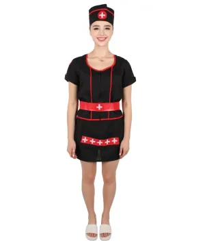 Adult Women's Black Mini Dress Nurse Costume Set | Suitable for Halloween | Flame-retardant Synthetic Fabric