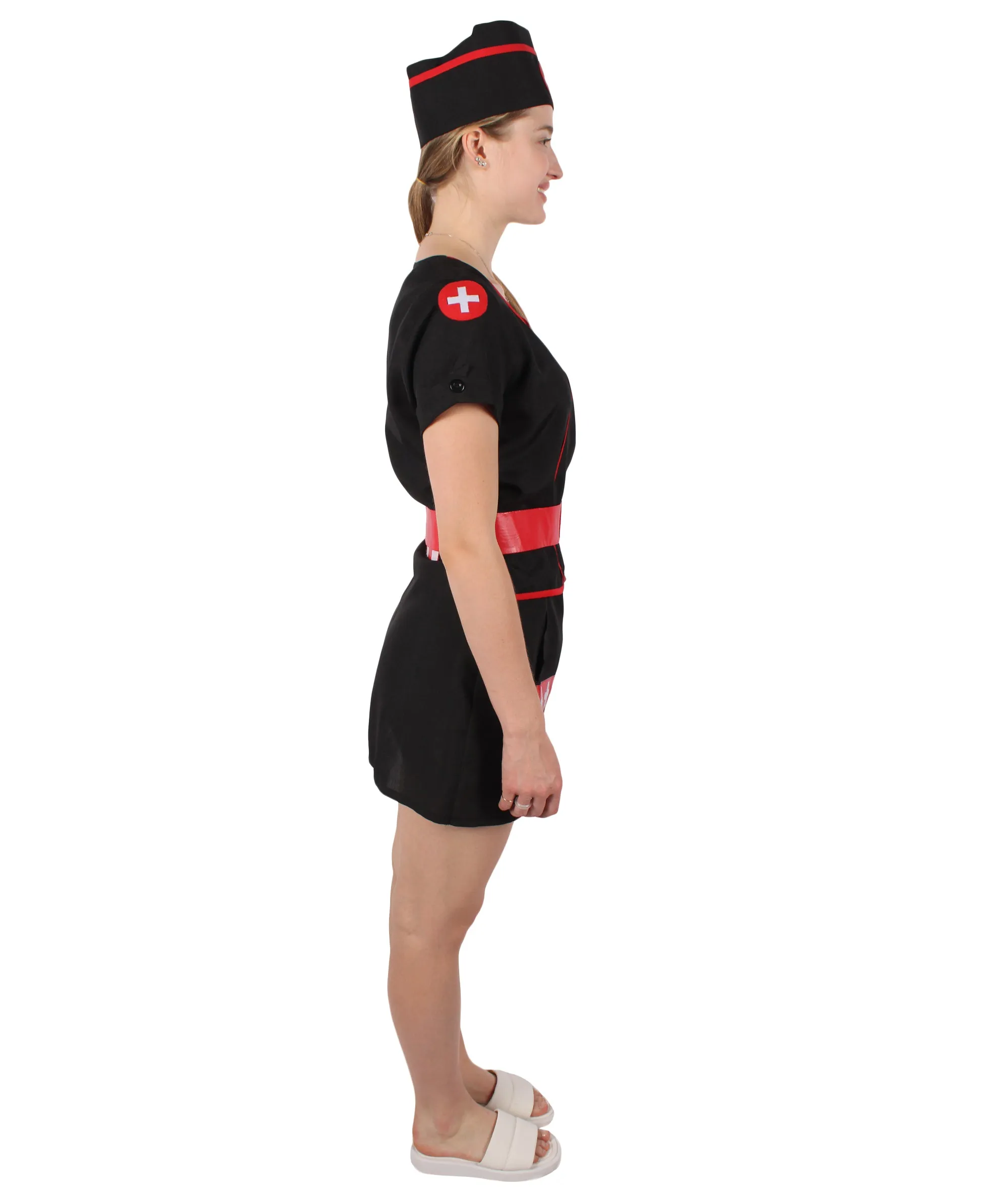 Adult Women's Black Mini Dress Nurse Costume Set | Suitable for Halloween | Flame-retardant Synthetic Fabric