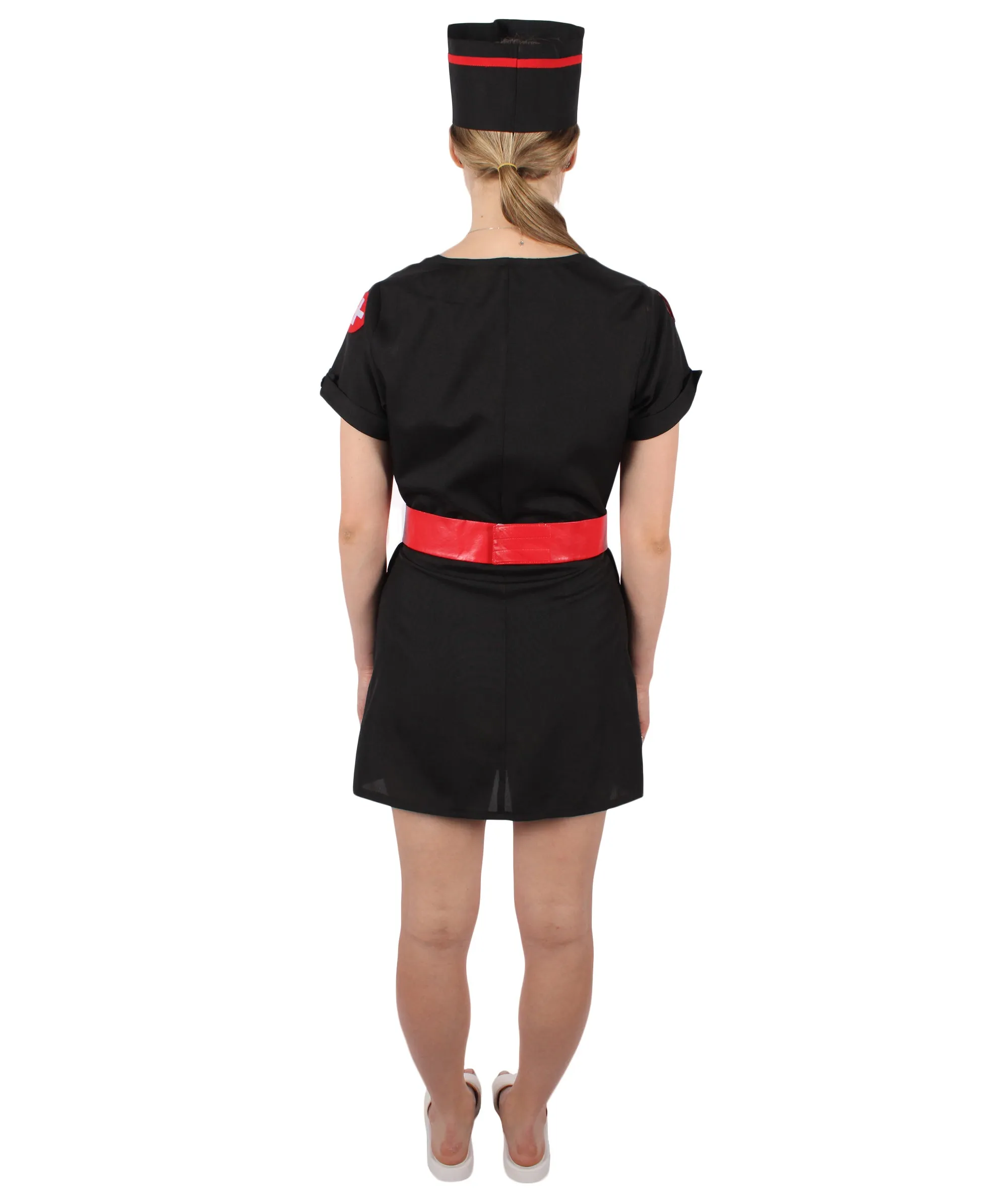 Adult Women's Black Mini Dress Nurse Costume Set | Suitable for Halloween | Flame-retardant Synthetic Fabric