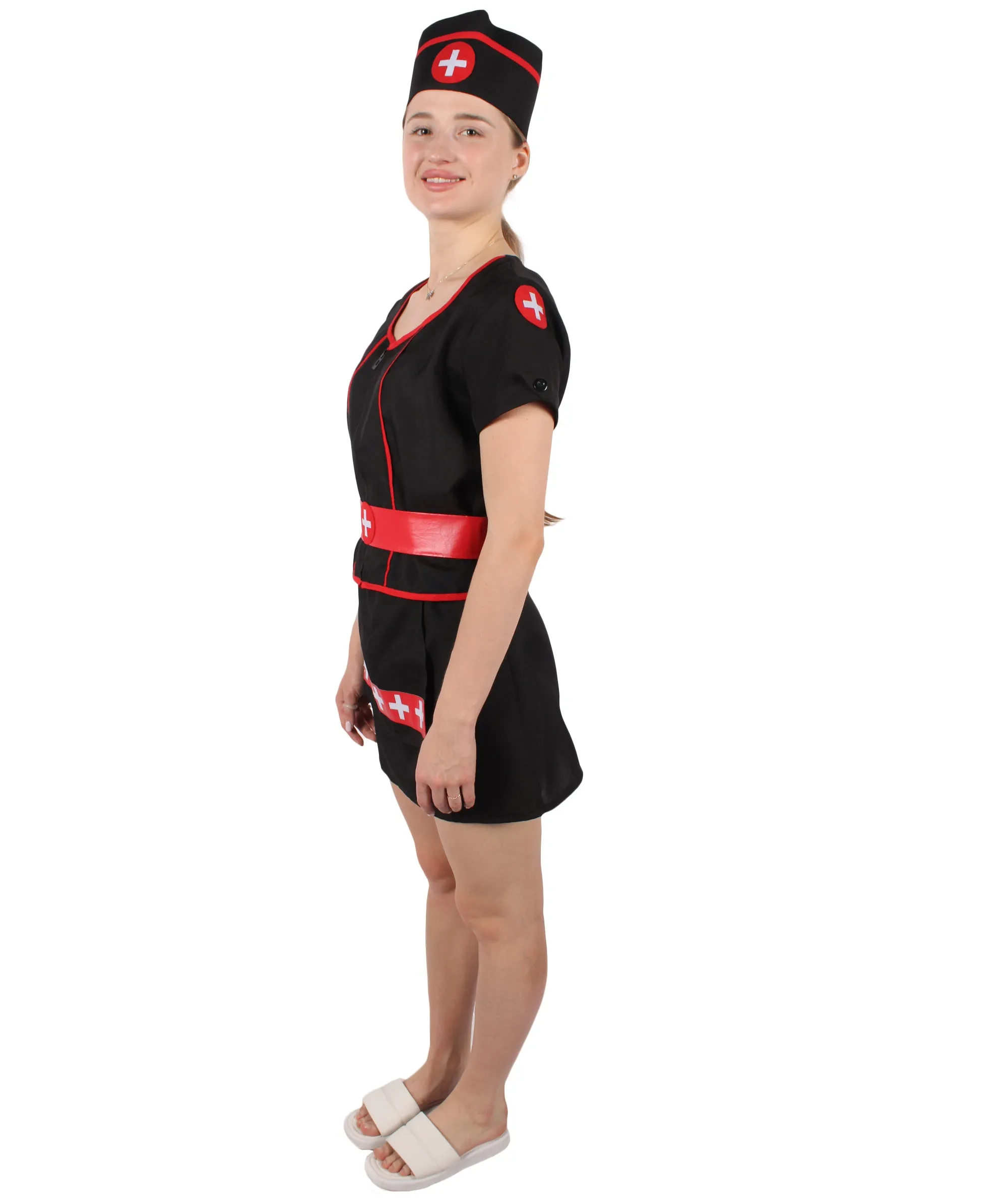 Adult Women's Black Mini Dress Nurse Costume Set | Suitable for Halloween | Flame-retardant Synthetic Fabric