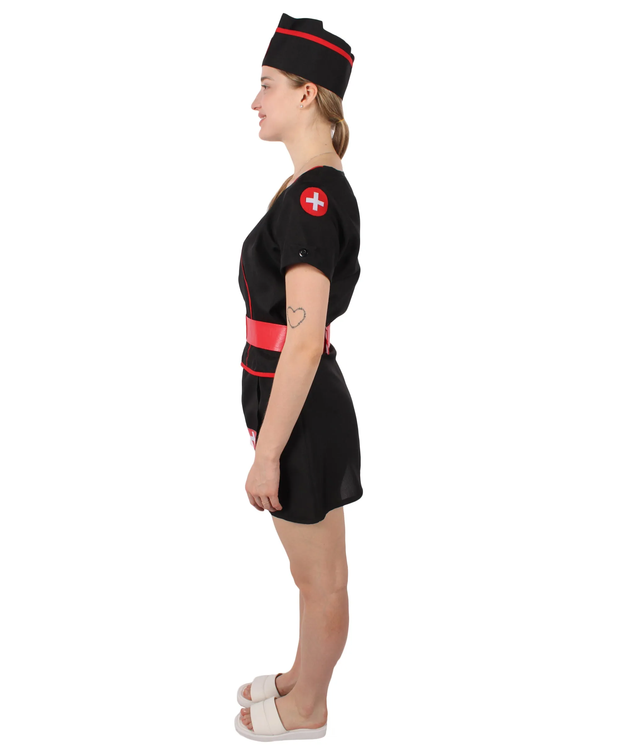 Adult Women's Black Mini Dress Nurse Costume Set | Suitable for Halloween | Flame-retardant Synthetic Fabric