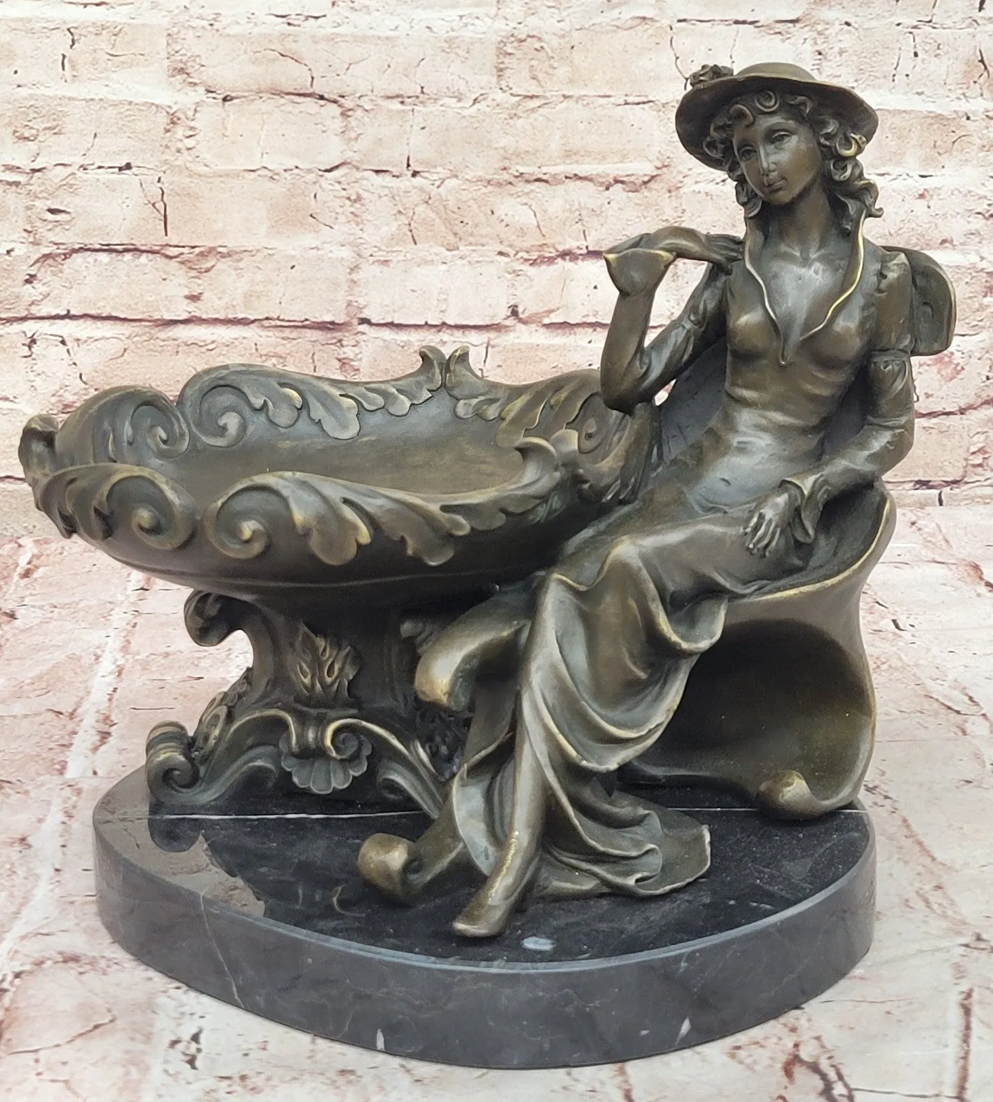 Art Nouveau Bronze Tray Decorative Business Card Holder with Woman Sculpture Hand Made