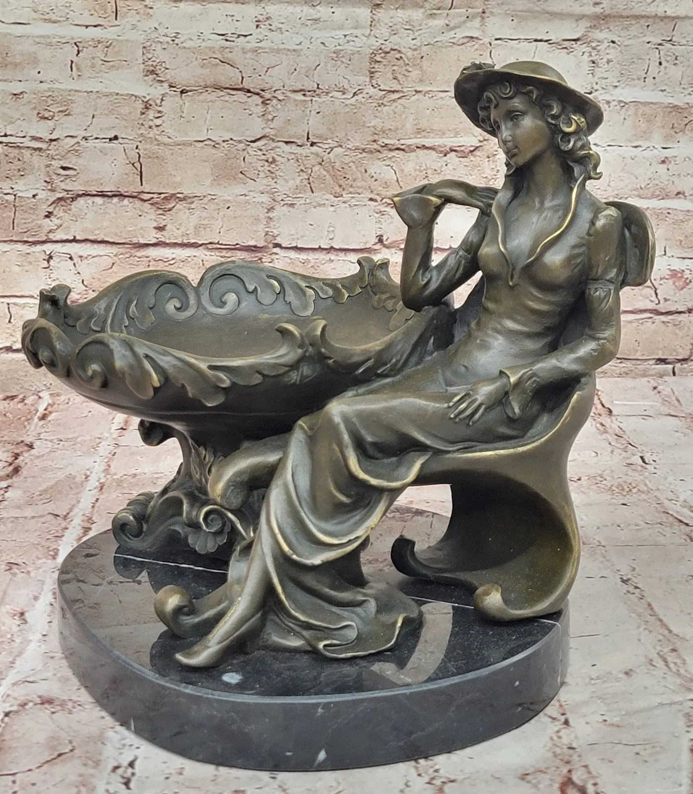 Art Nouveau Bronze Tray Decorative Business Card Holder with Woman Sculpture Hand Made