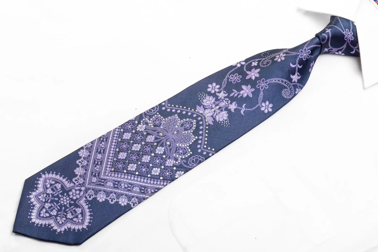 Avalon Men's Rhinestone Necktie Floral Damask On Navy With Sparkles