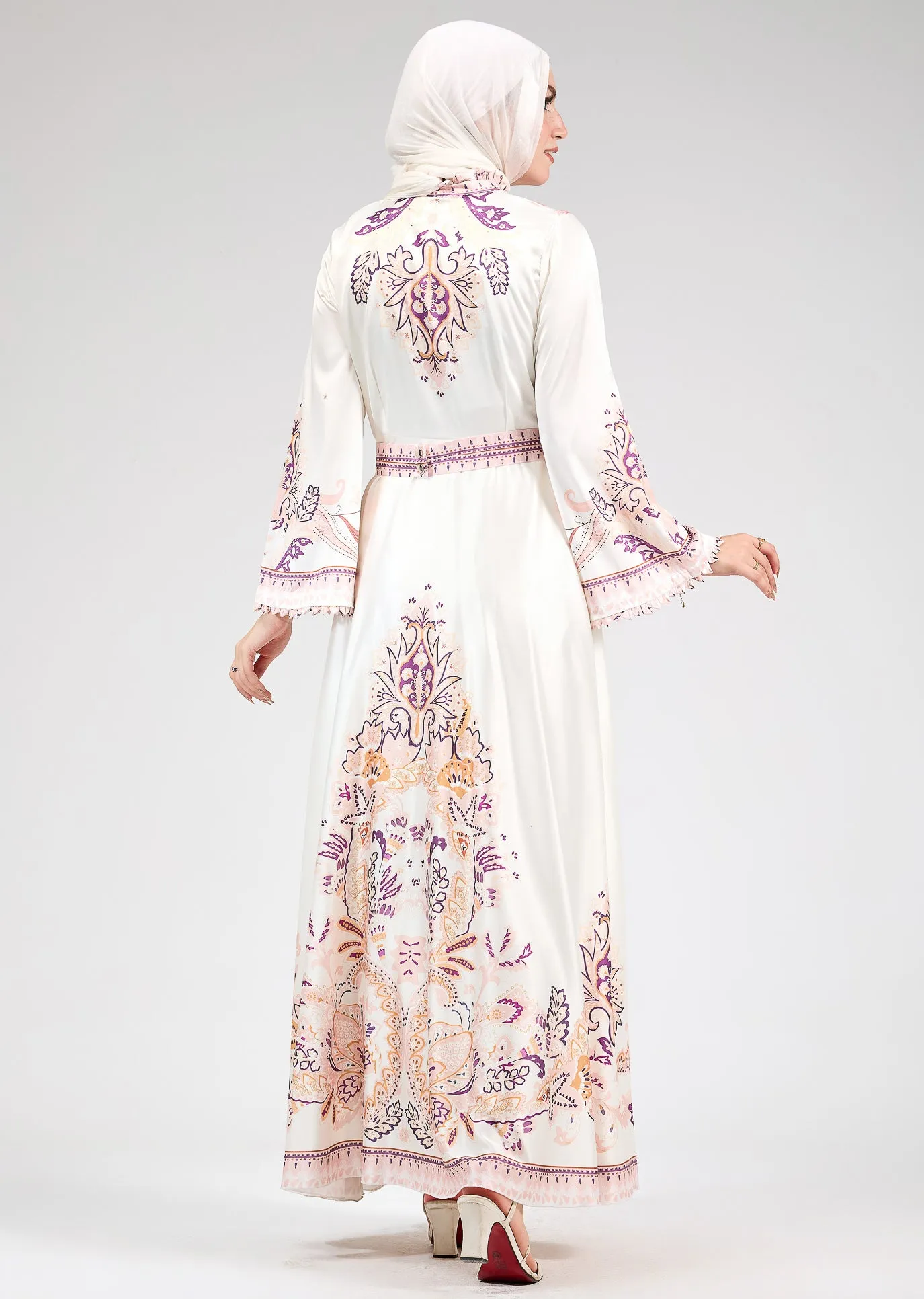 Beige Garden Women's Casual Spring Summer Boho Floral Print Dress High Neck Long Sleeve High Waist Belt Long Maxi