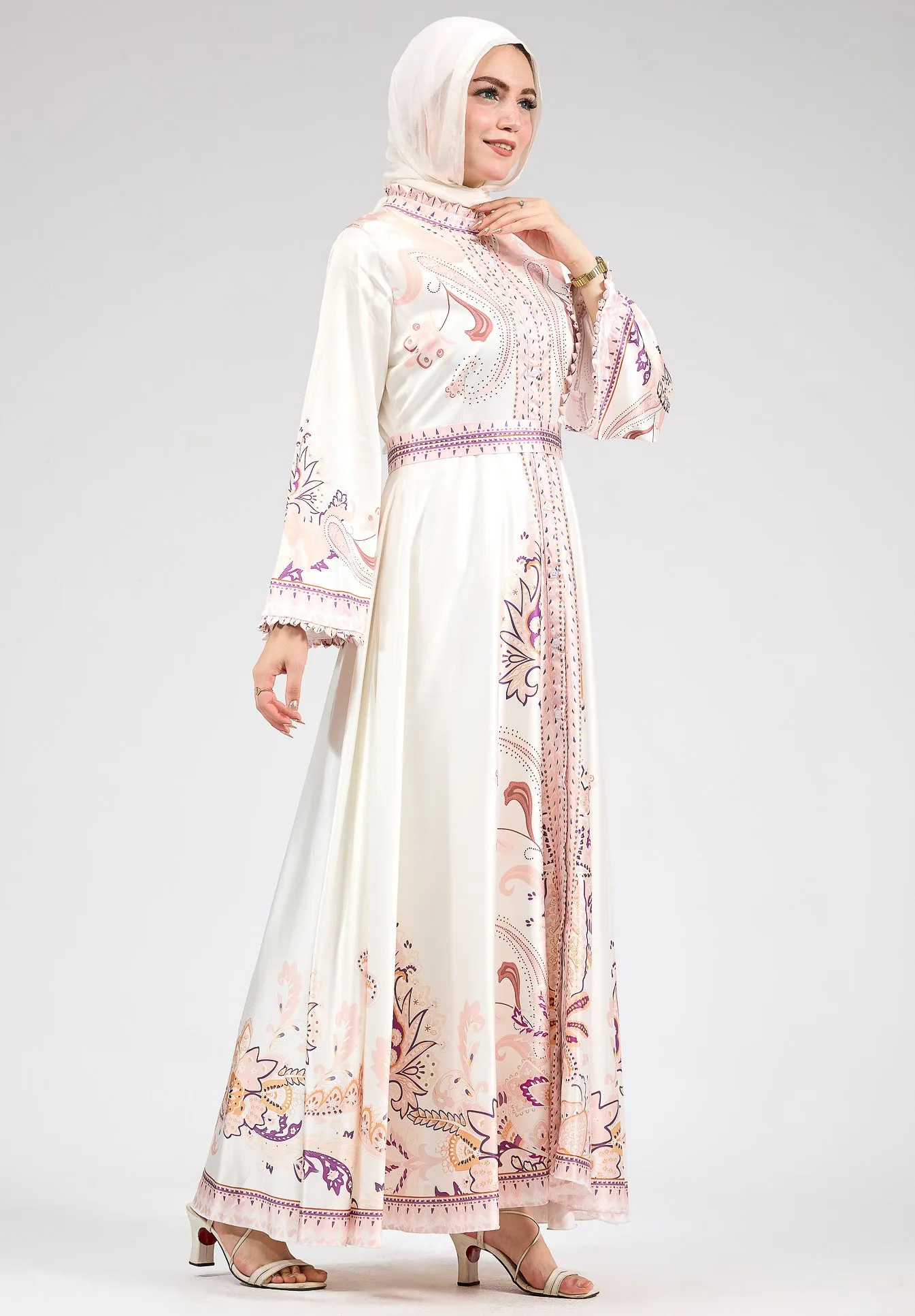 Beige Garden Women's Casual Spring Summer Boho Floral Print Dress High Neck Long Sleeve High Waist Belt Long Maxi