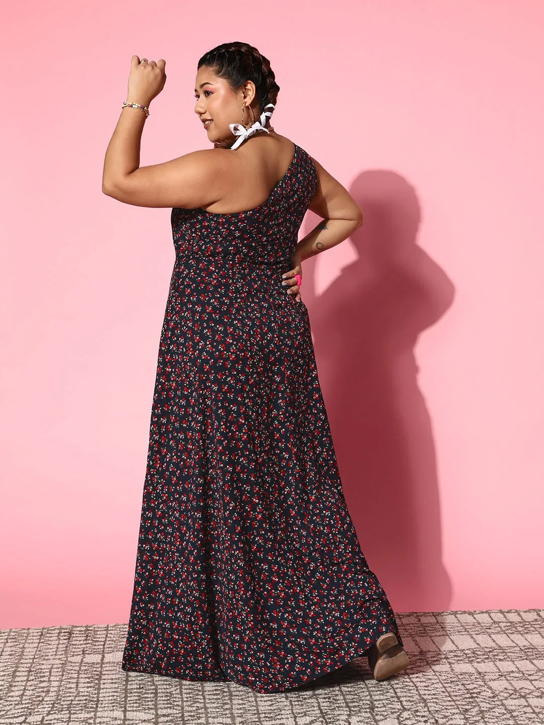 Berrylush Women Plus Size Navy Blue & Red Floral Printed One-Shoulder Neck Thigh-High Slit Flared Maxi Dress