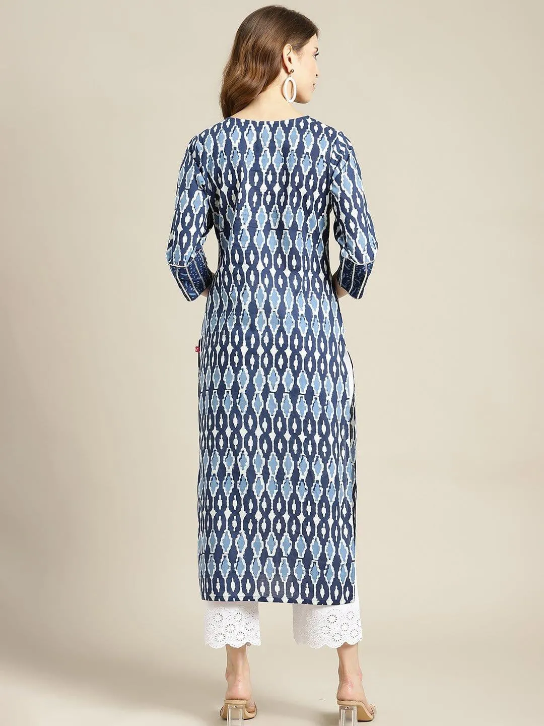 Blue And White Indigo  Straight Kurta With Highlighted Yoke And Having Round Neck And 3/4Th Sleeves