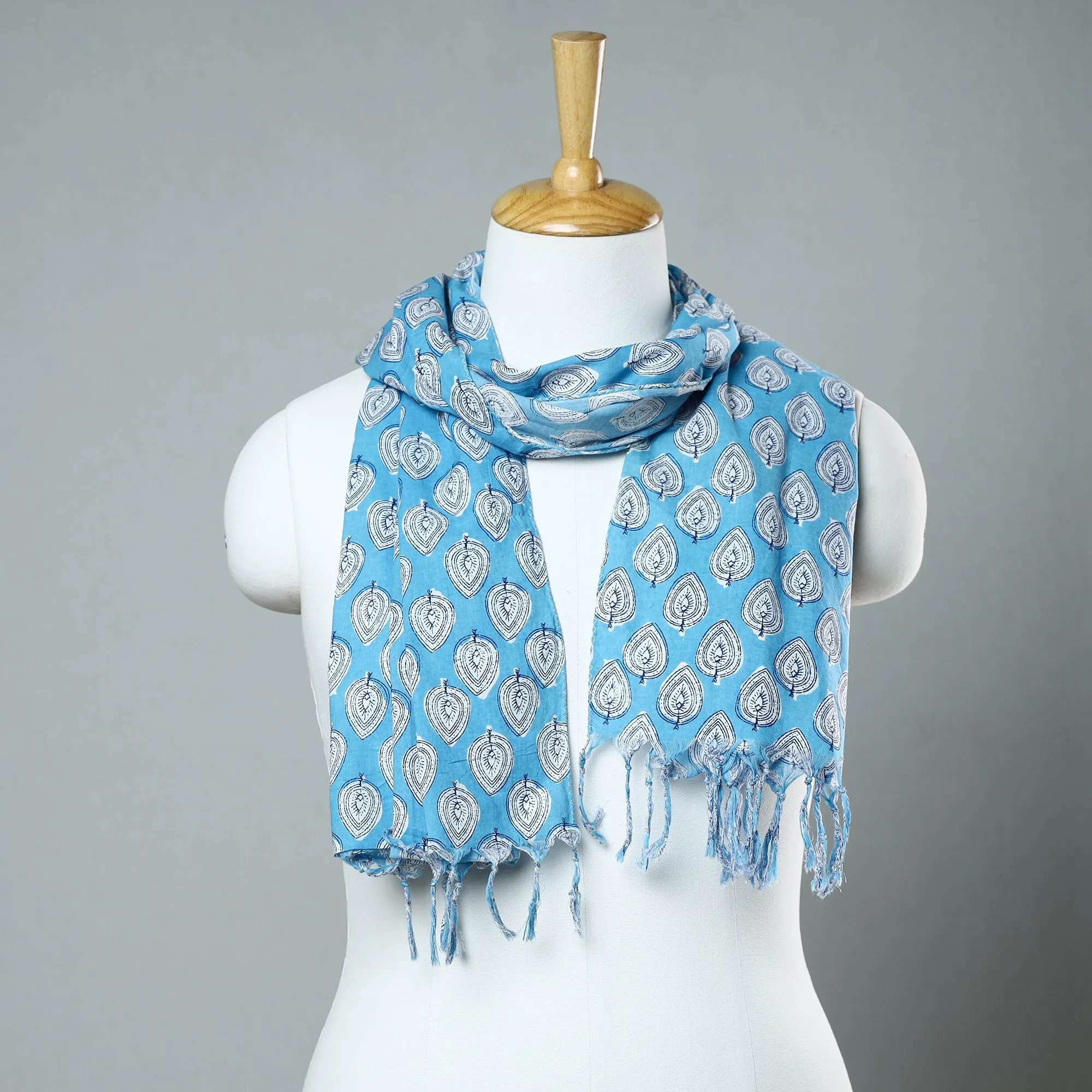 Blue - Sanganeri Block Printed Cotton Stole with Tassels 89