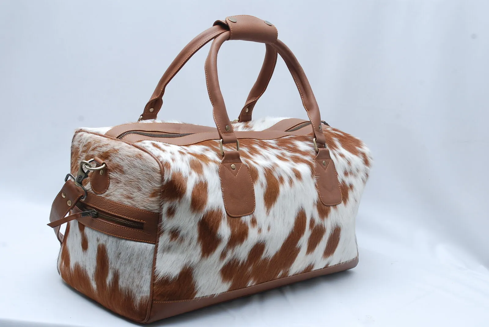 Brown White Cow Skin Overnight Duffle Bag