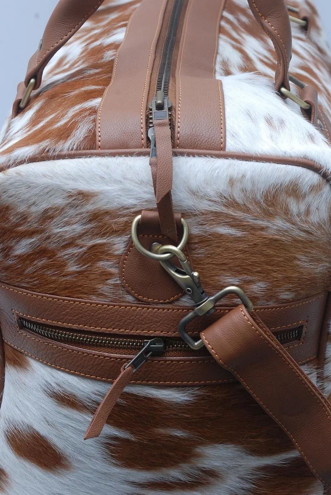 Brown White Cow Skin Overnight Duffle Bag