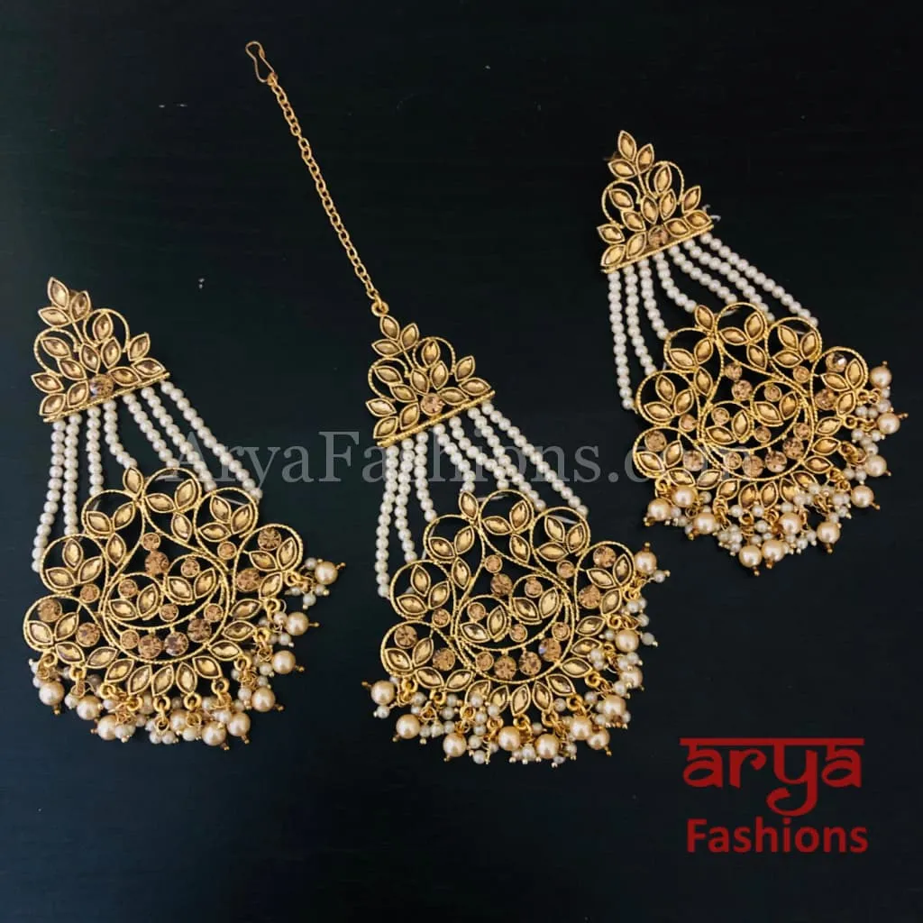 Champagne, Gray, White Mang Tika and Earrings Combo/Chandbali and MangTika Combo