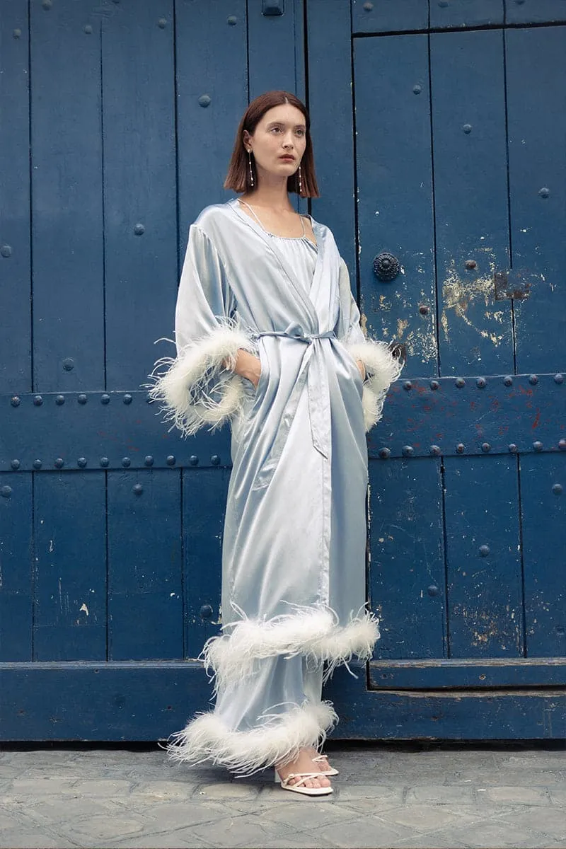 CRYSTAL BLUE BRIDE-TO-BE SILK LONG ROBE WITH REMOVABLE FEATHERS