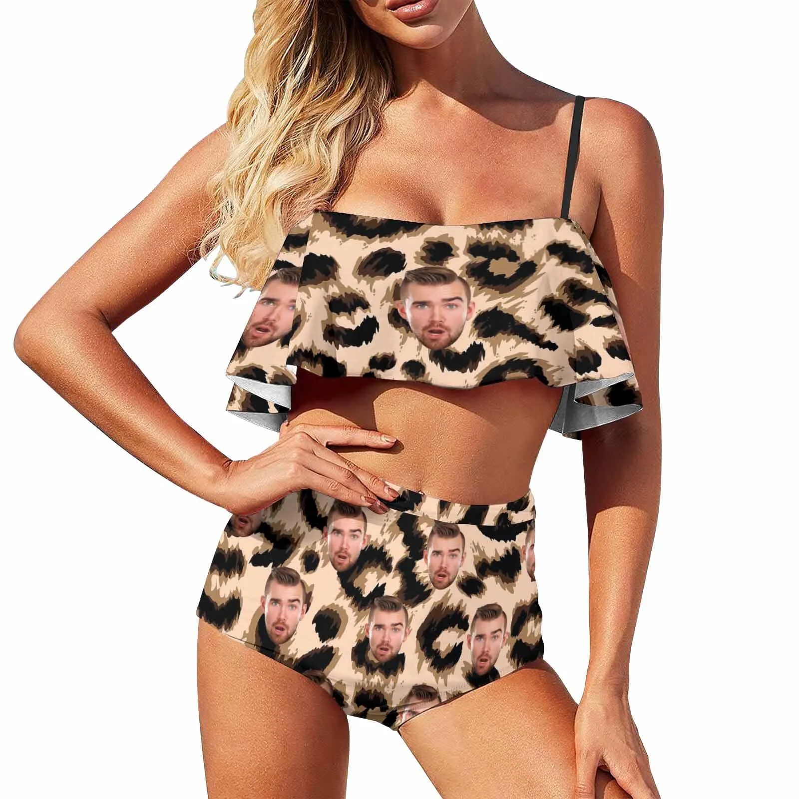 Custom Face Ruffle Bathing Suits Leopard Swimsuit