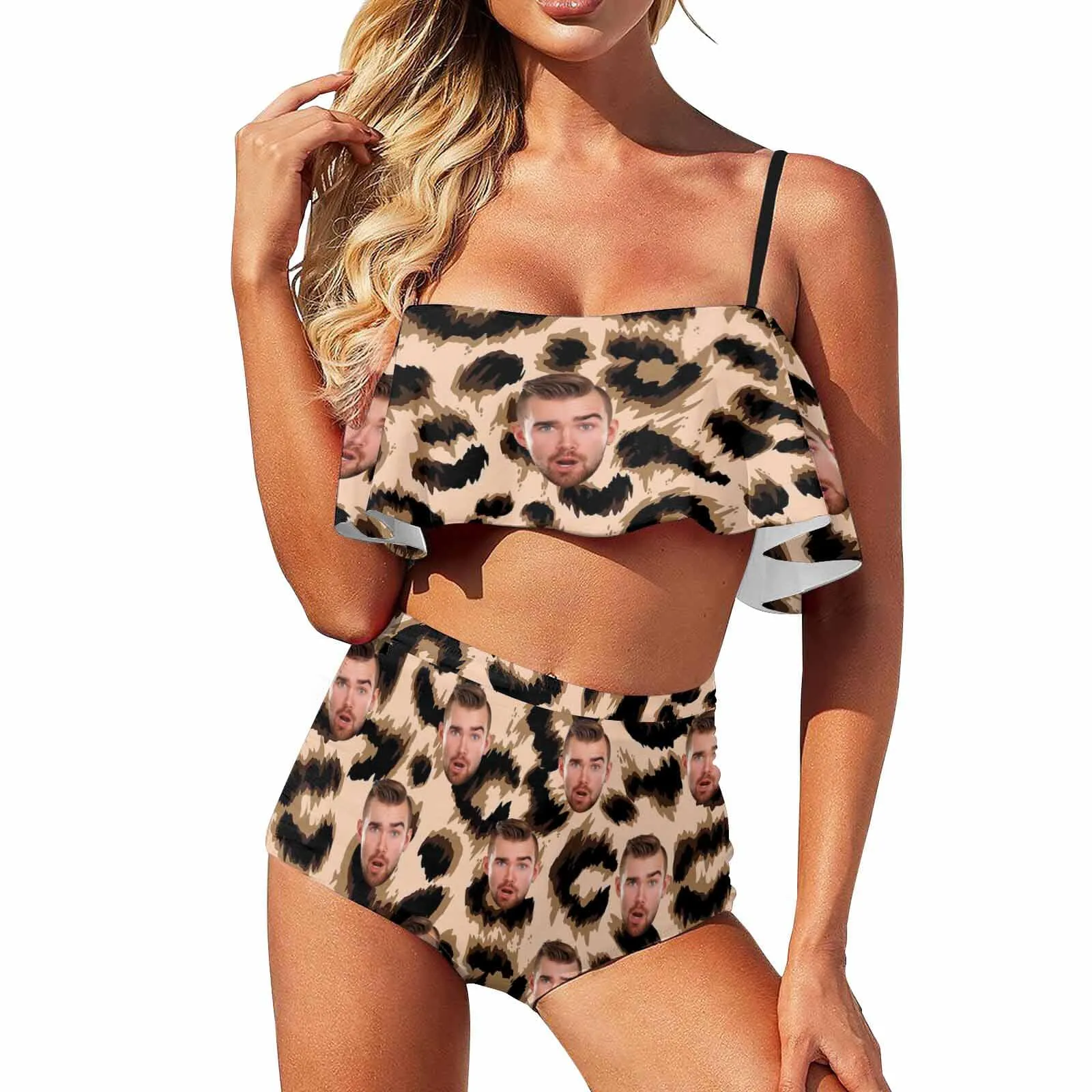 Custom Face Ruffle Bathing Suits Leopard Swimsuit