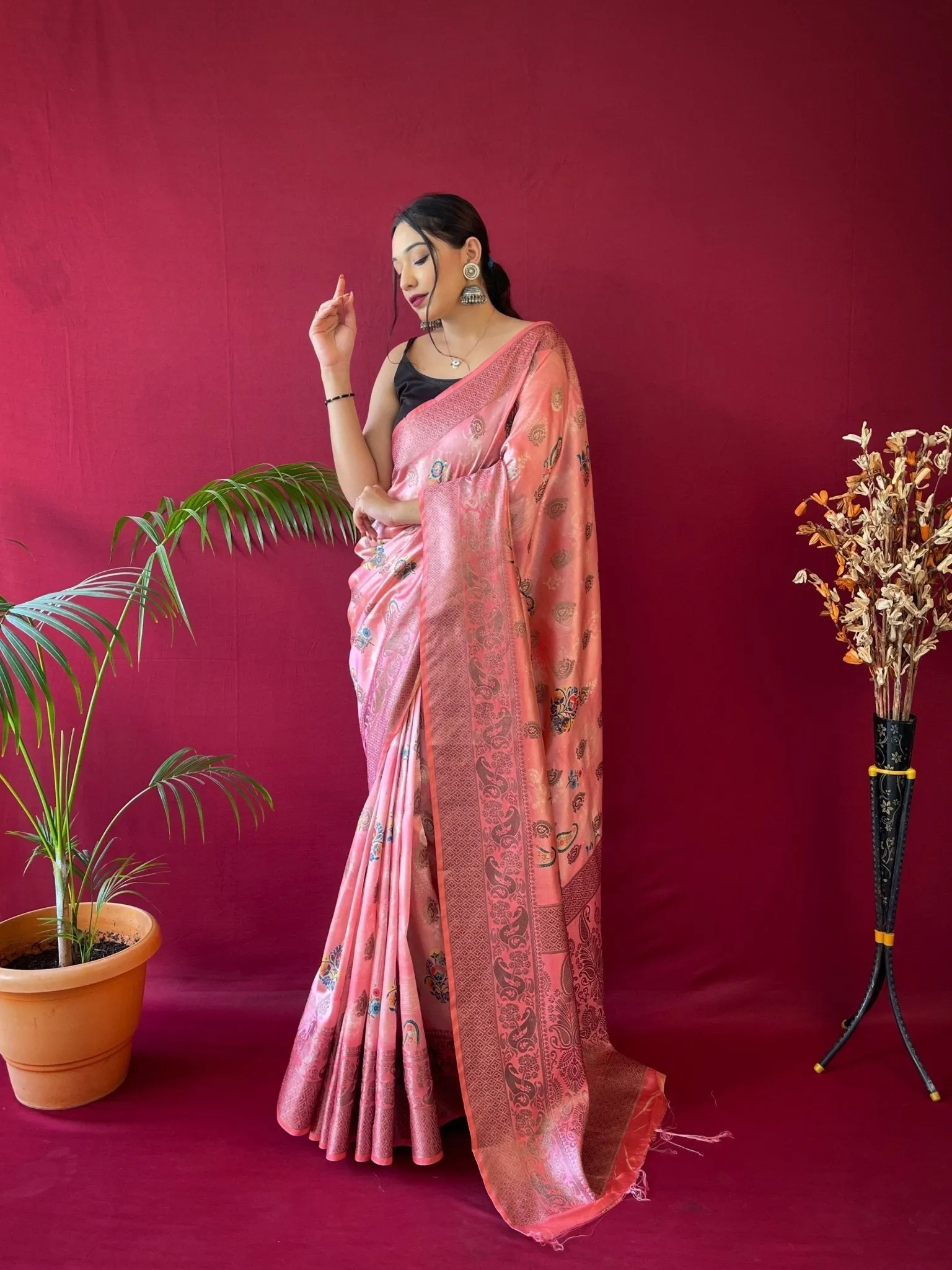 Daisy Pink Saree in Soft Silk Floral Print