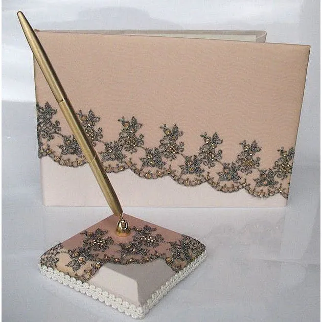 Dramatic Chocolate Embroidered Mantilla Lace Wedding Guestbook and Pen Set