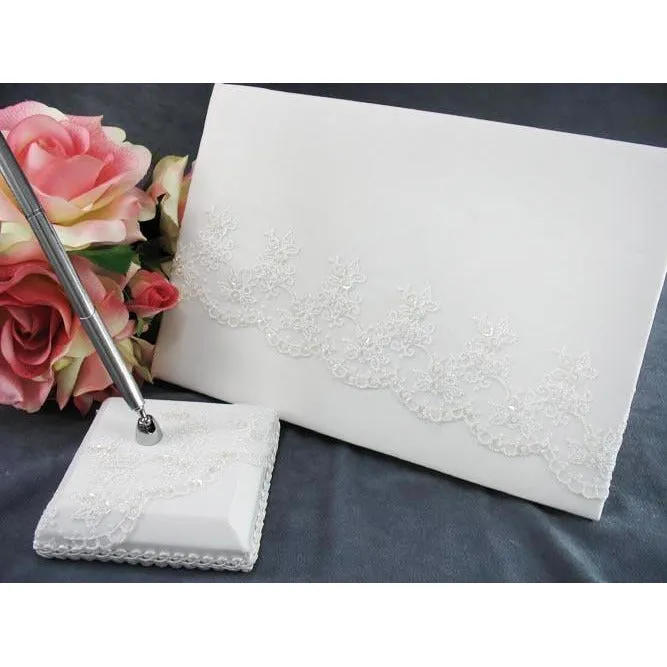 Dramatic Chocolate Embroidered Mantilla Lace Wedding Guestbook and Pen Set