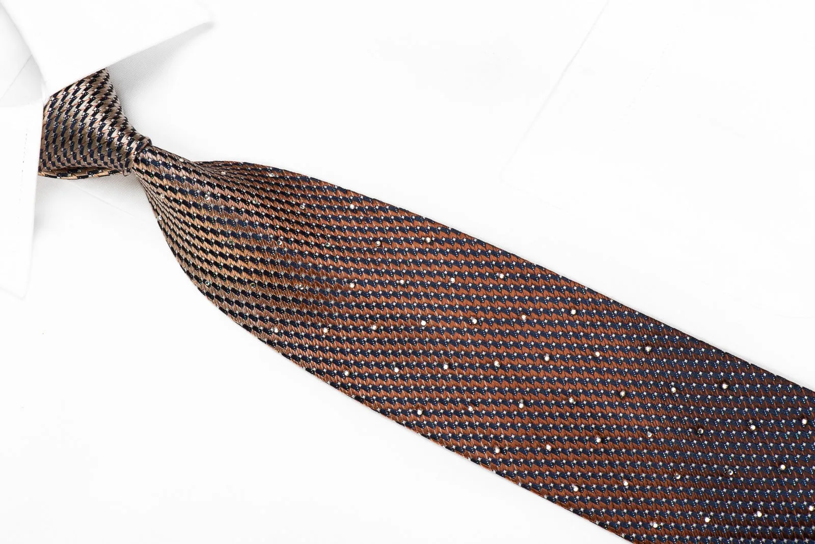 Elegance Men's Crystal Silk Necktie Orange Brown Chevron On Navy With Silver Sparkles