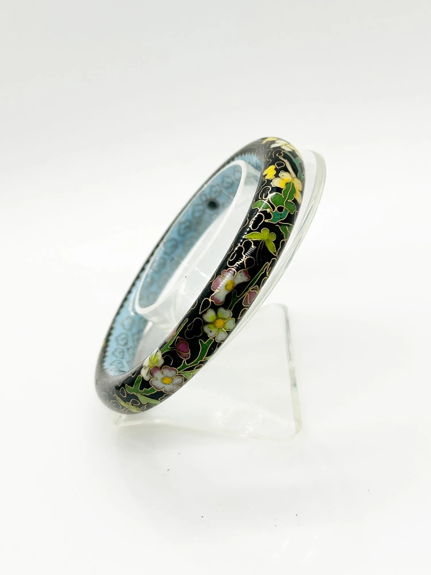 Elegant Black and Blue Floral Cloisonne Bangle Bracelet