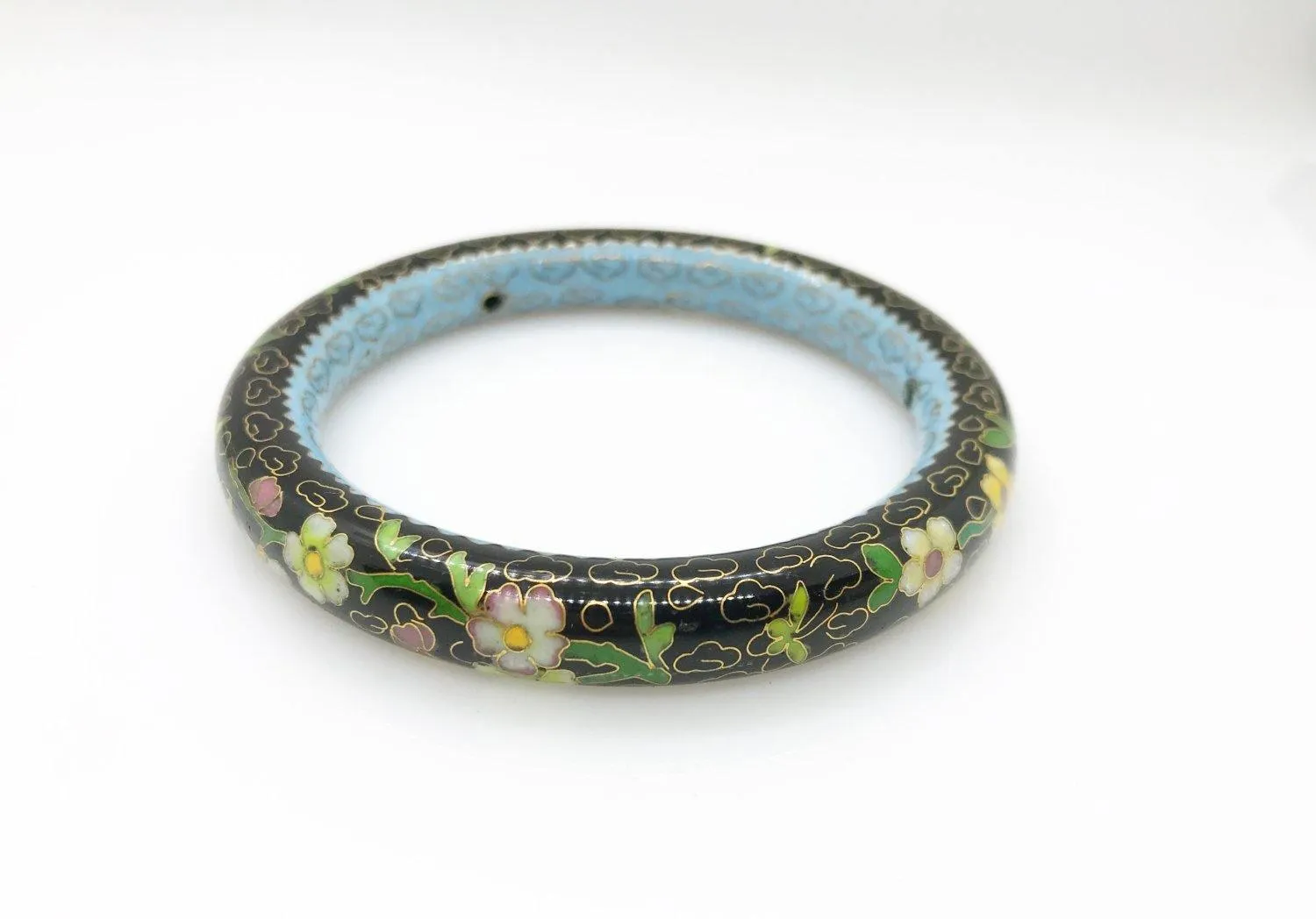 Elegant Black and Blue Floral Cloisonne Bangle Bracelet