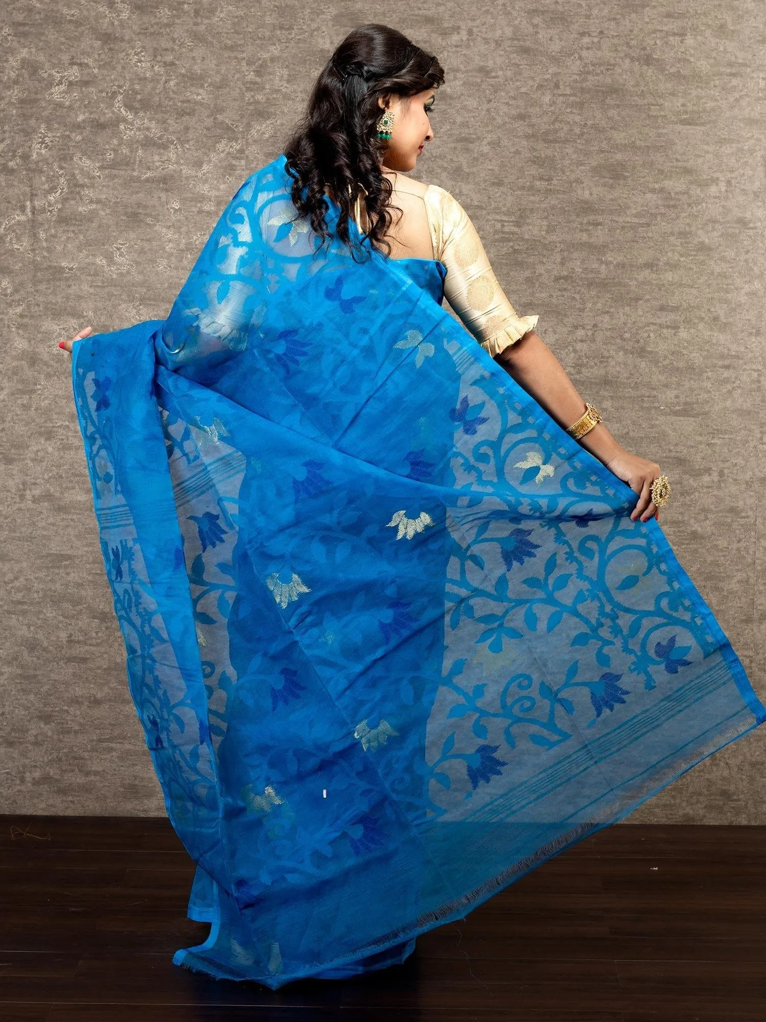 Elegant Blue Allover Stif Dhakai Jamdani Saree