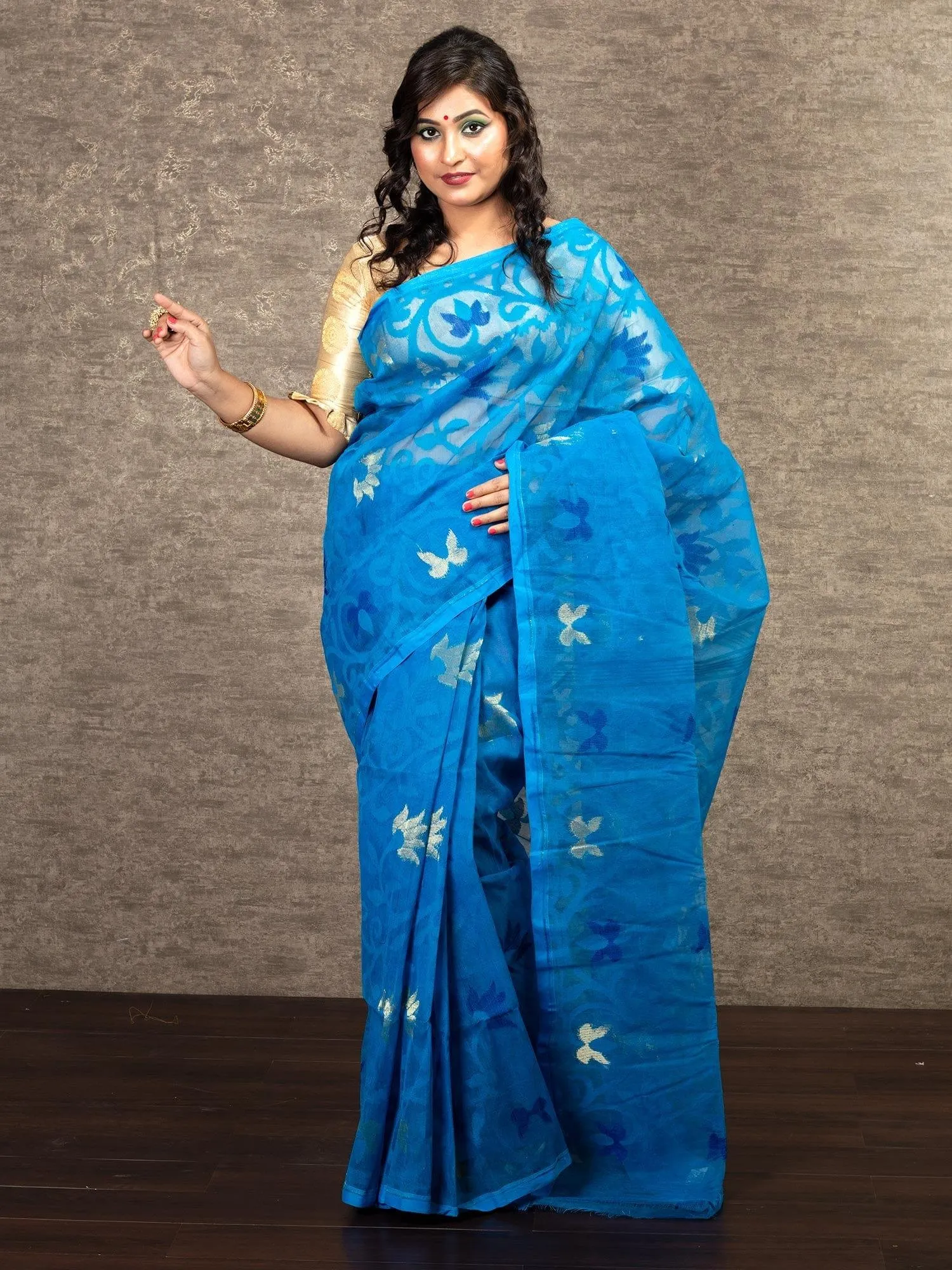 Elegant Blue Allover Stif Dhakai Jamdani Saree