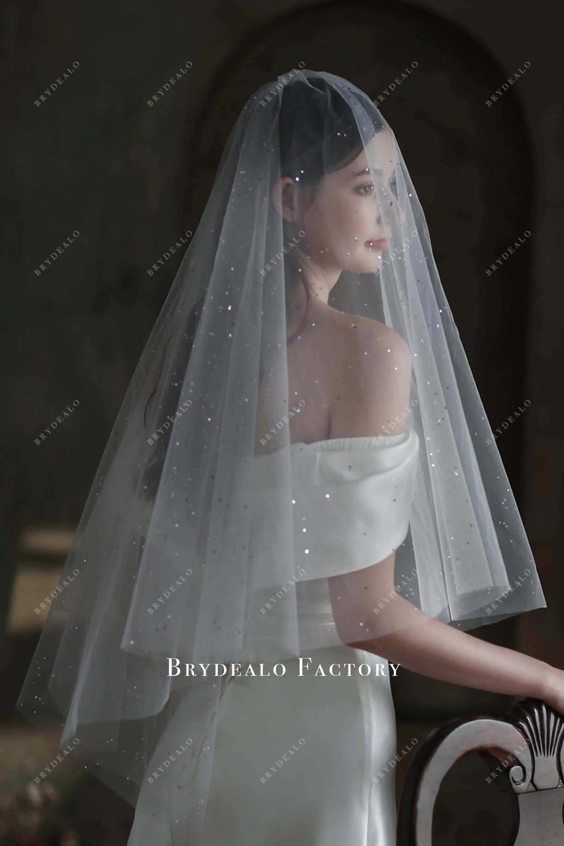 Elegant Double Tier Fingertip Length Glitter Wedding Veil