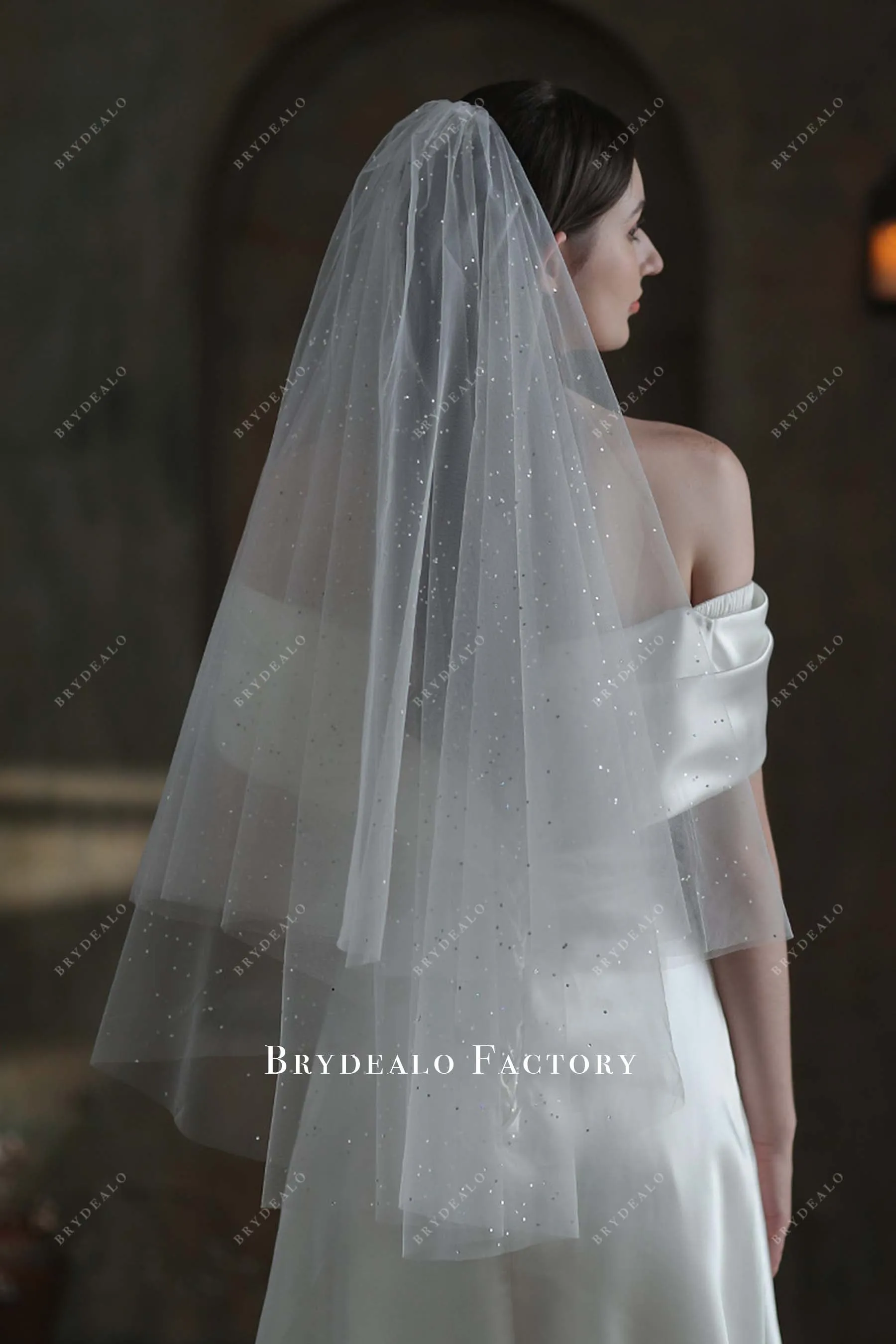 Elegant Double Tier Fingertip Length Glitter Wedding Veil