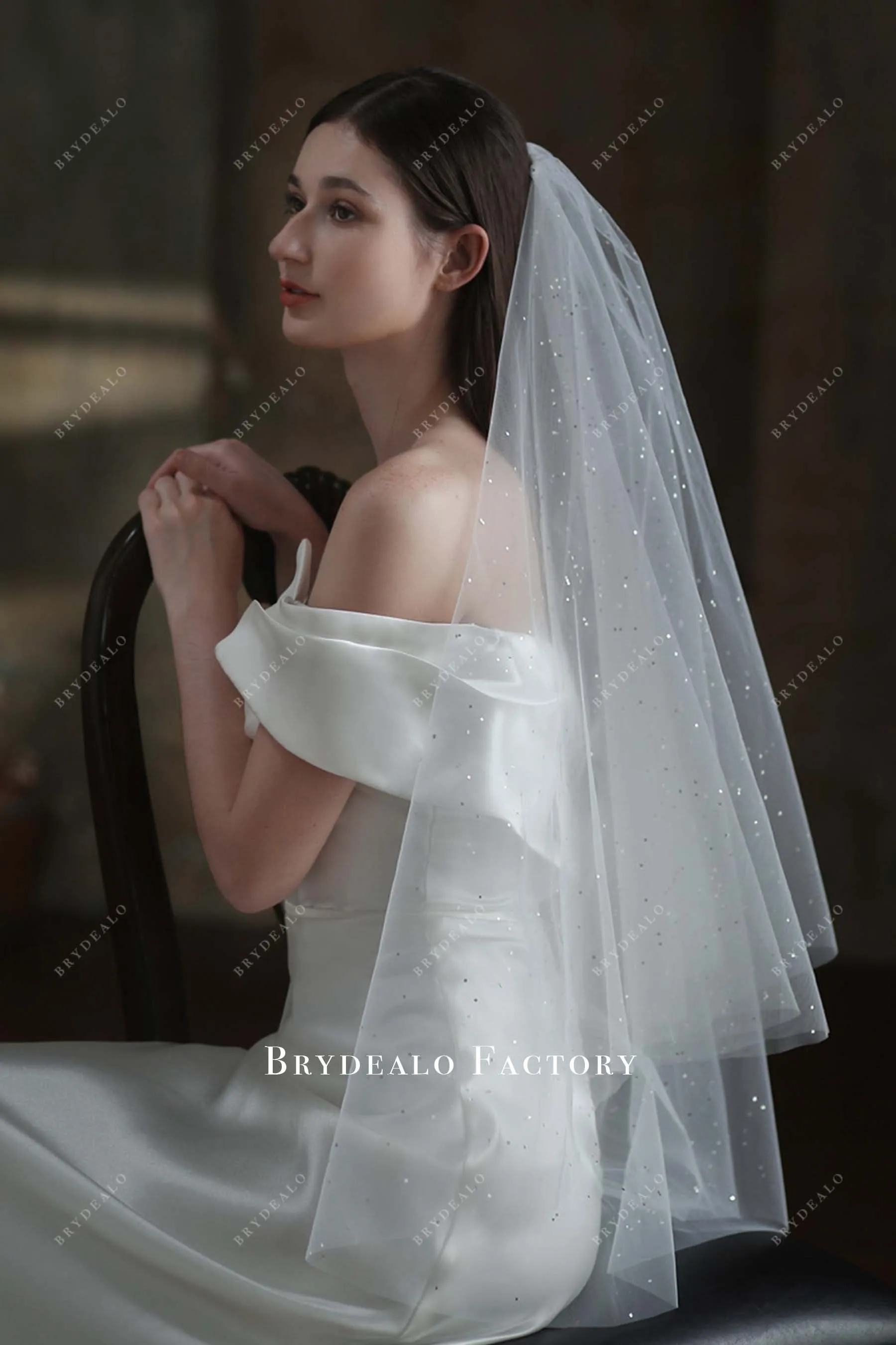 Elegant Double Tier Fingertip Length Glitter Wedding Veil