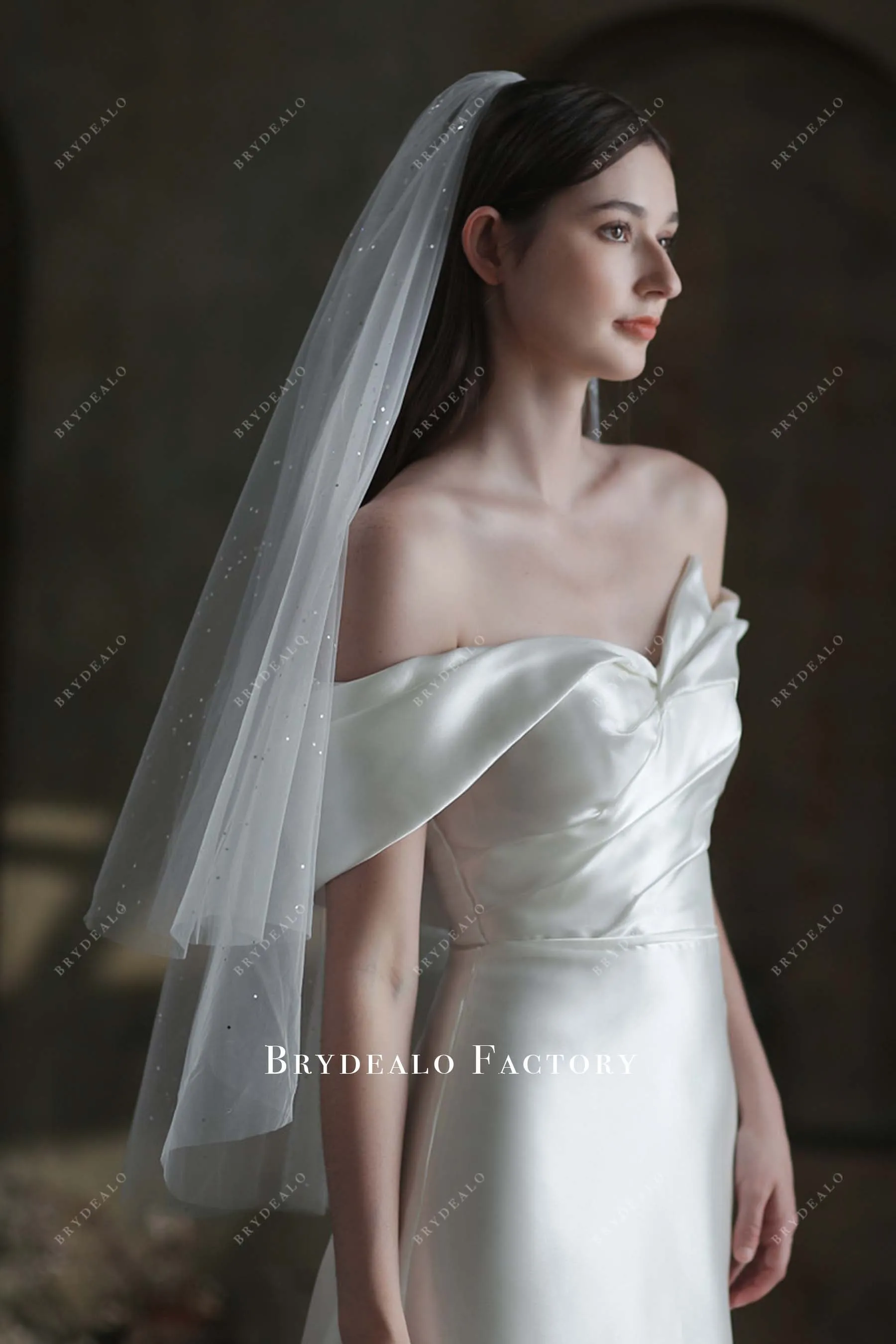 Elegant Double Tier Fingertip Length Glitter Wedding Veil