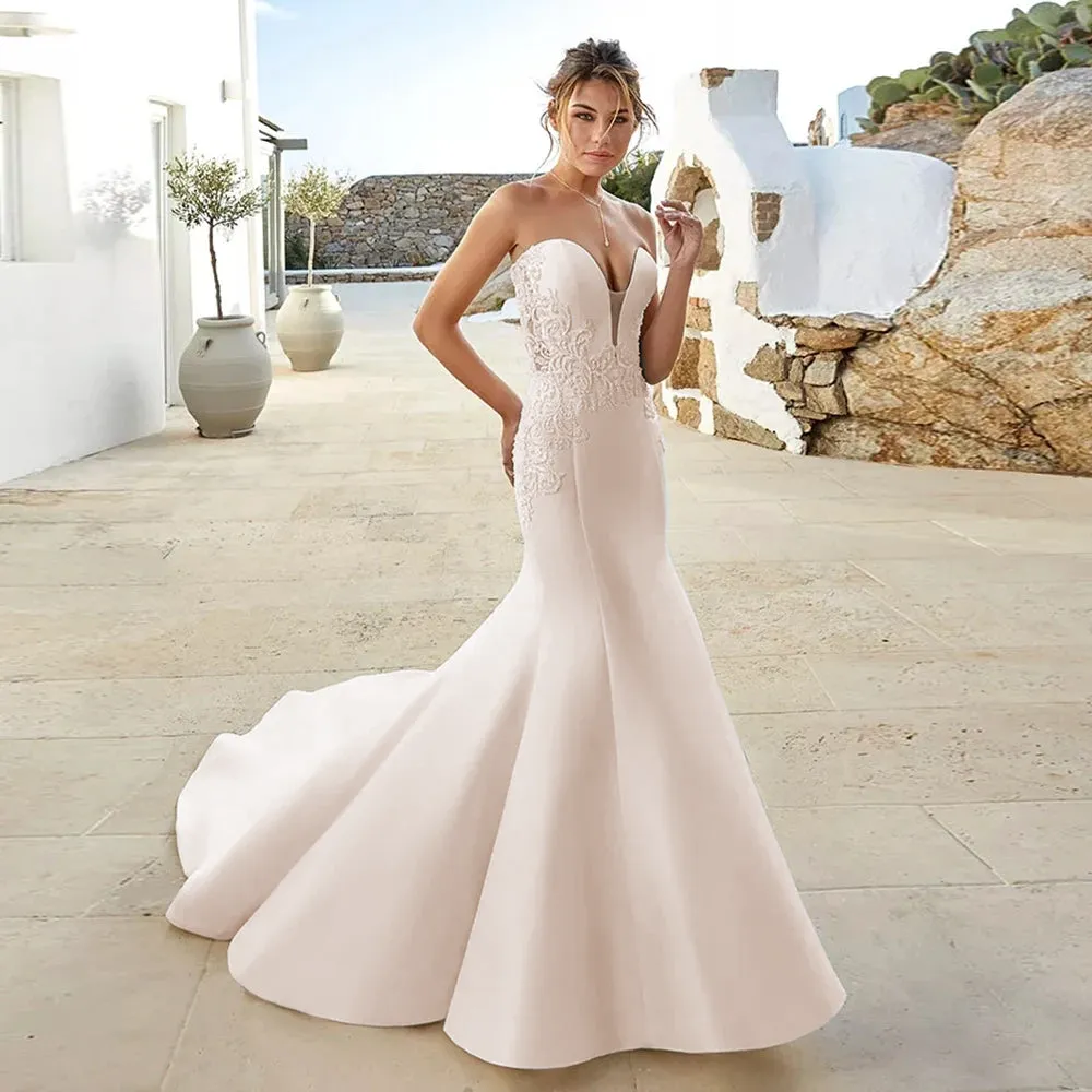 Elegant Off-Shoulder White Satin Mermaid Wedding Dress with Beading and Appliques