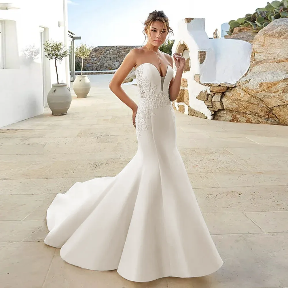 Elegant Off-Shoulder White Satin Mermaid Wedding Dress with Beading and Appliques