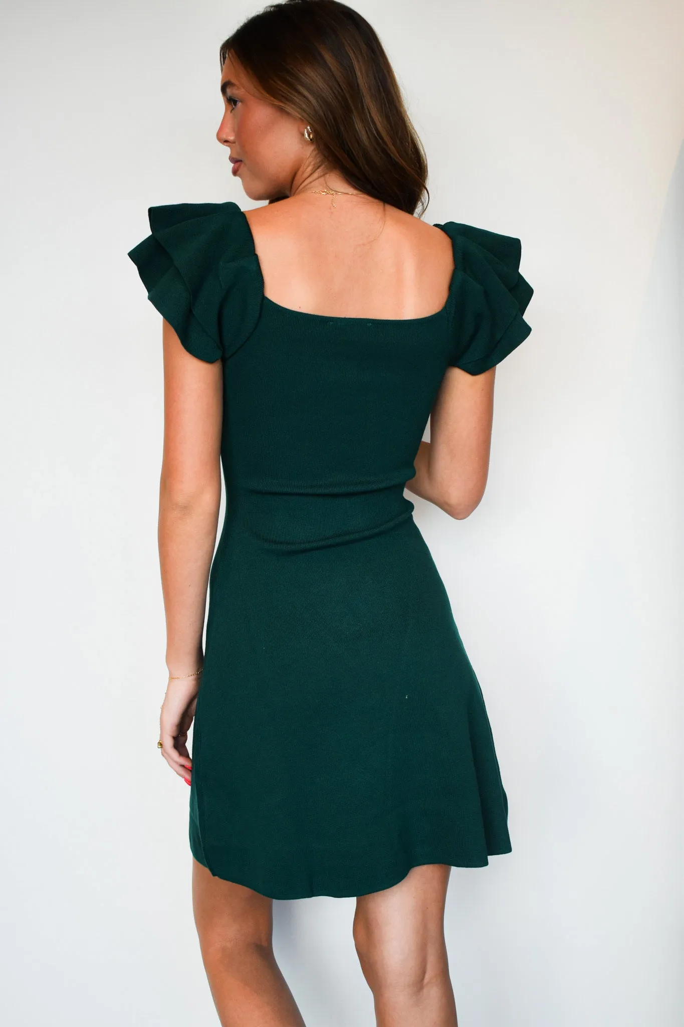 Emerald Ruffle Shoulder Dress