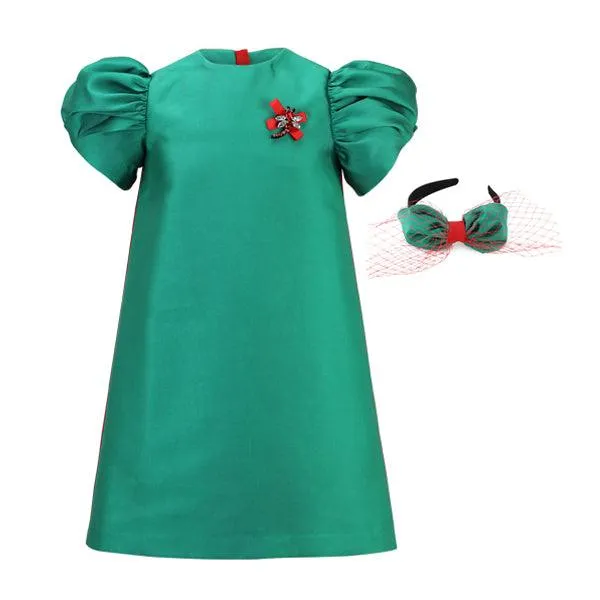 GREEN MIKADO DRESS WITH HAIR BOW