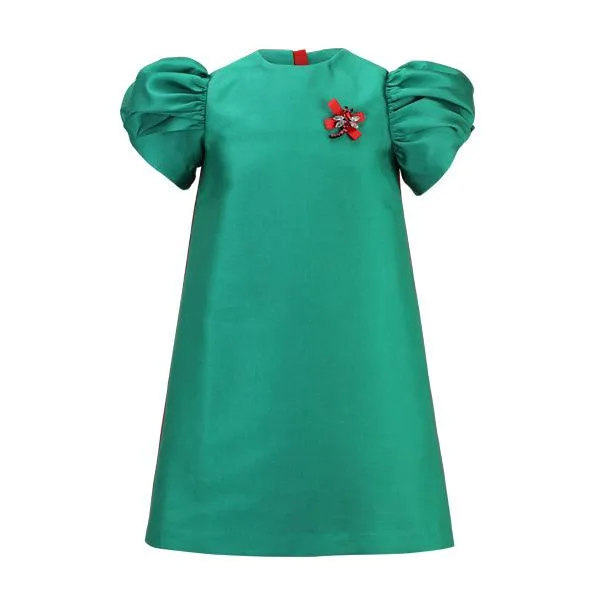 GREEN MIKADO DRESS WITH HAIR BOW