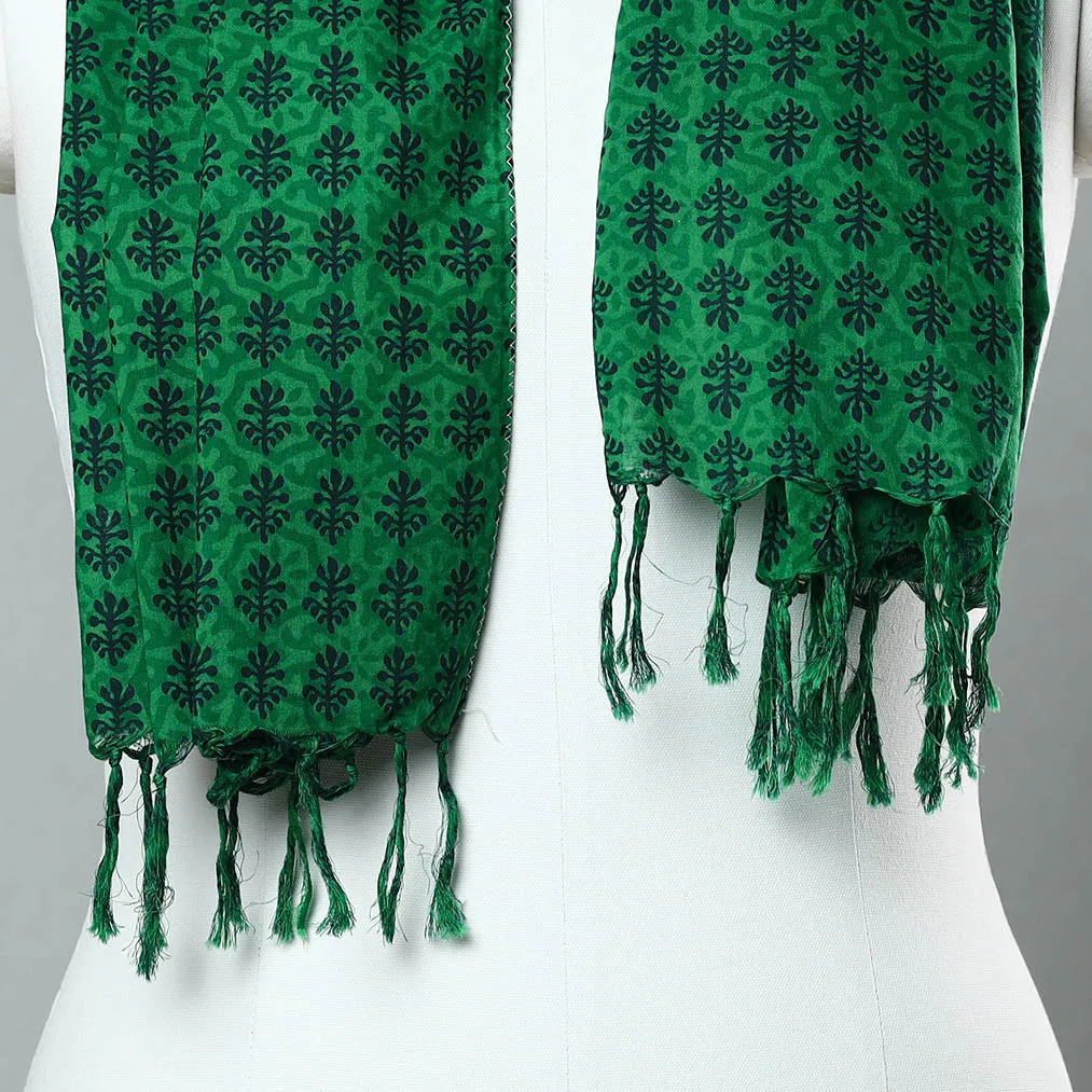 Green - Sanganeri Block Printed Cotton Stole with Tassels 22