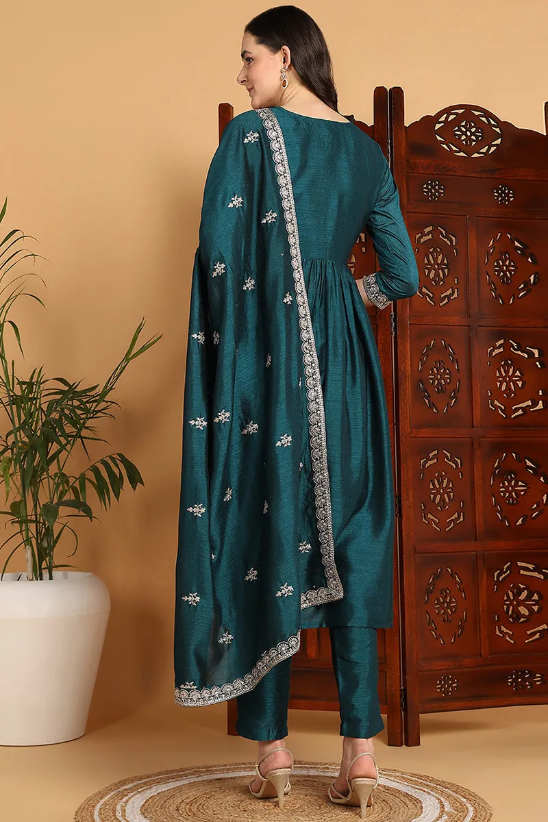 Green Silk Blend Solid Embroidered Flared Suit Set