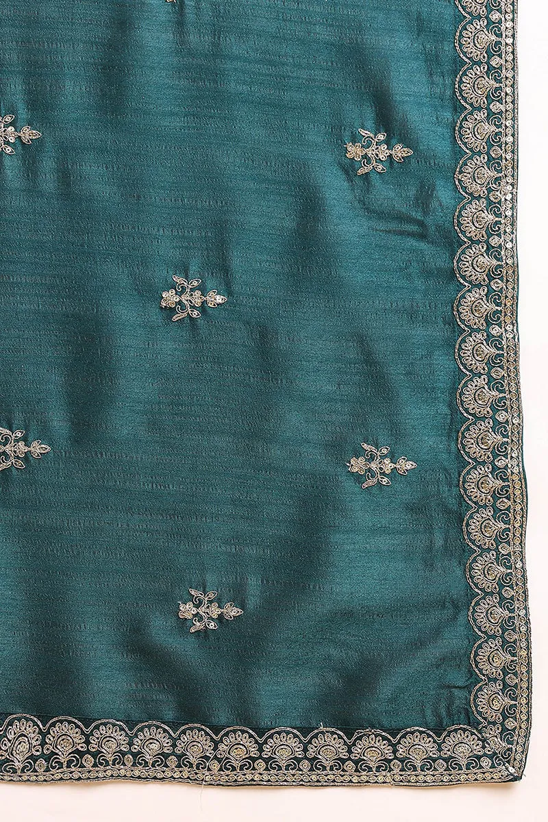 Green Silk Blend Solid Embroidered Flared Suit Set