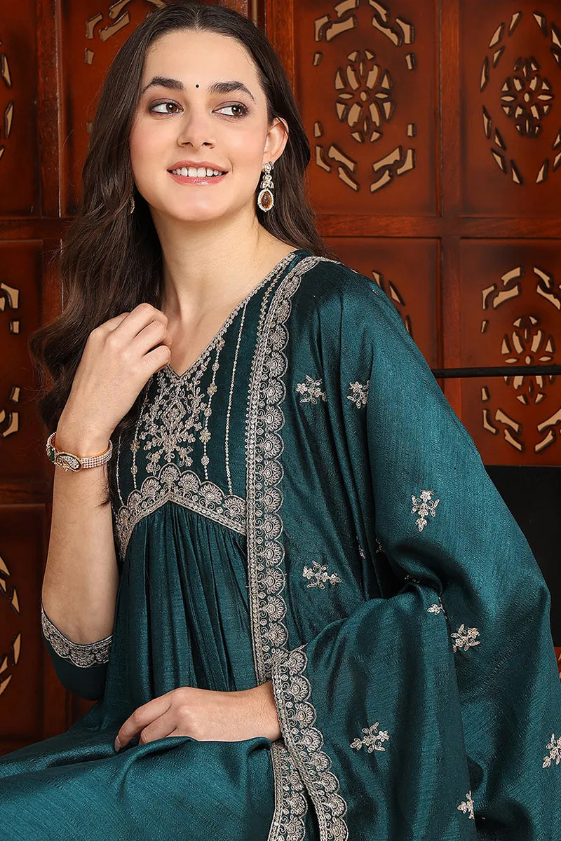 Green Silk Blend Solid Embroidered Flared Suit Set