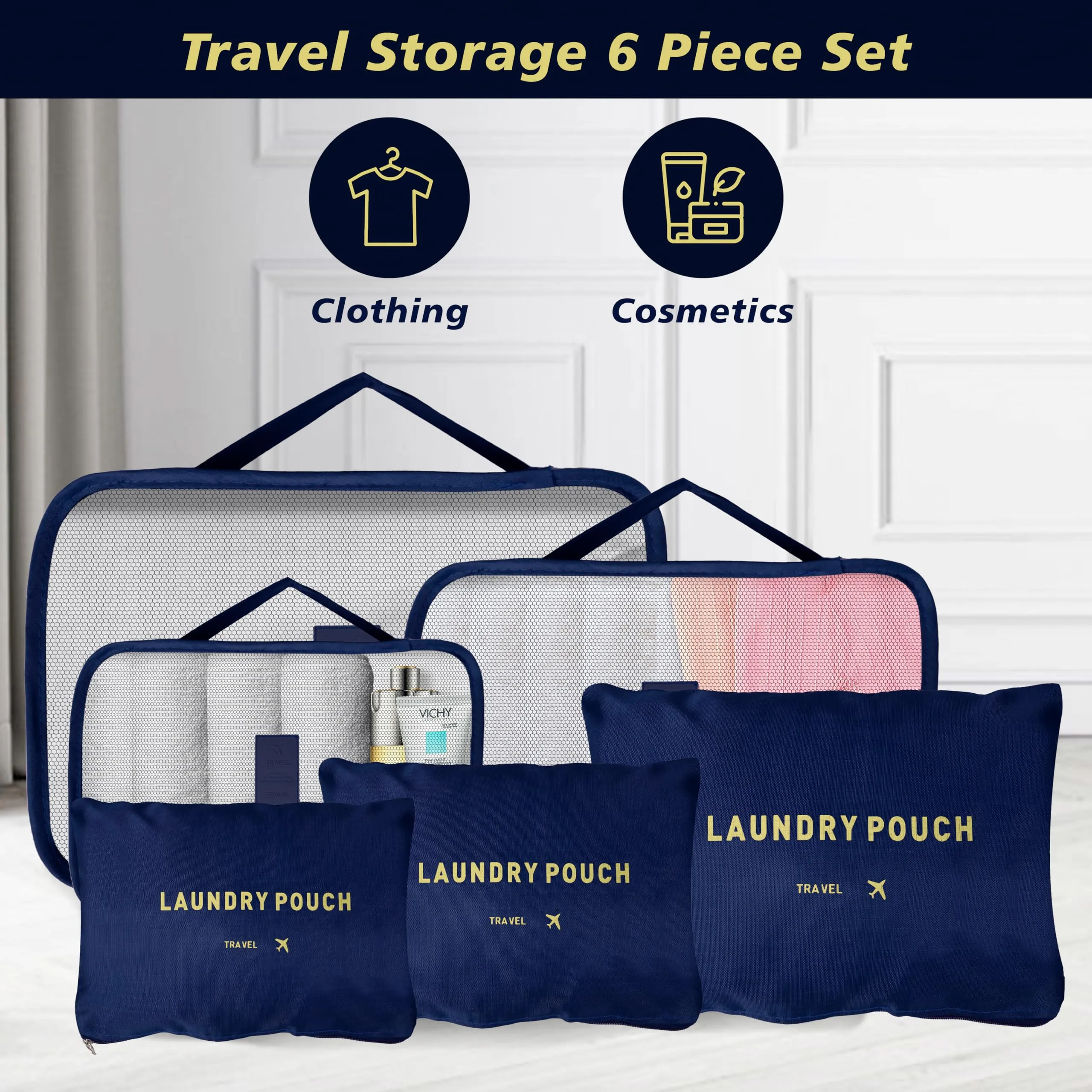 Homestic Pack of 6 Travel Luggage Bag | Toiletry Bag for Jewellery-Watches-Bracelets | Multi-Purpose Storage Bag with Handle | Travel Utility Storage Pouches | LYN16-NVY | Navy Blue