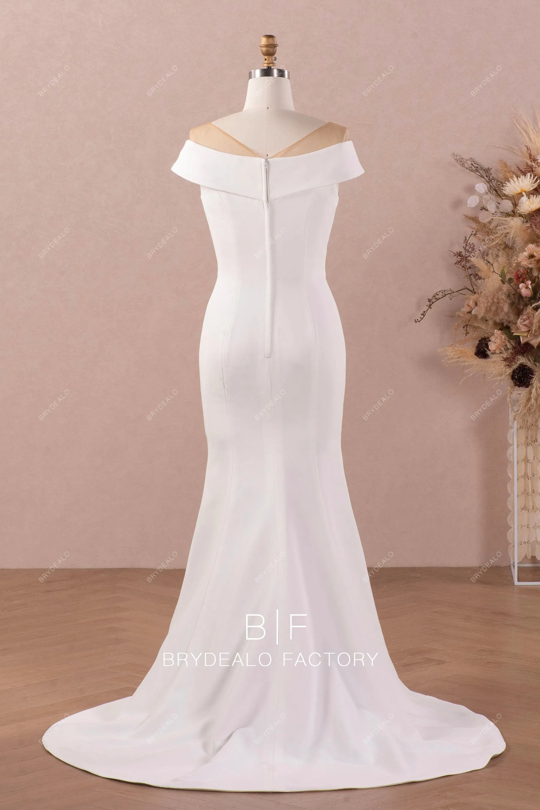 Illusion Off Shoulder Crepe Mermaid Simple Wedding Dress