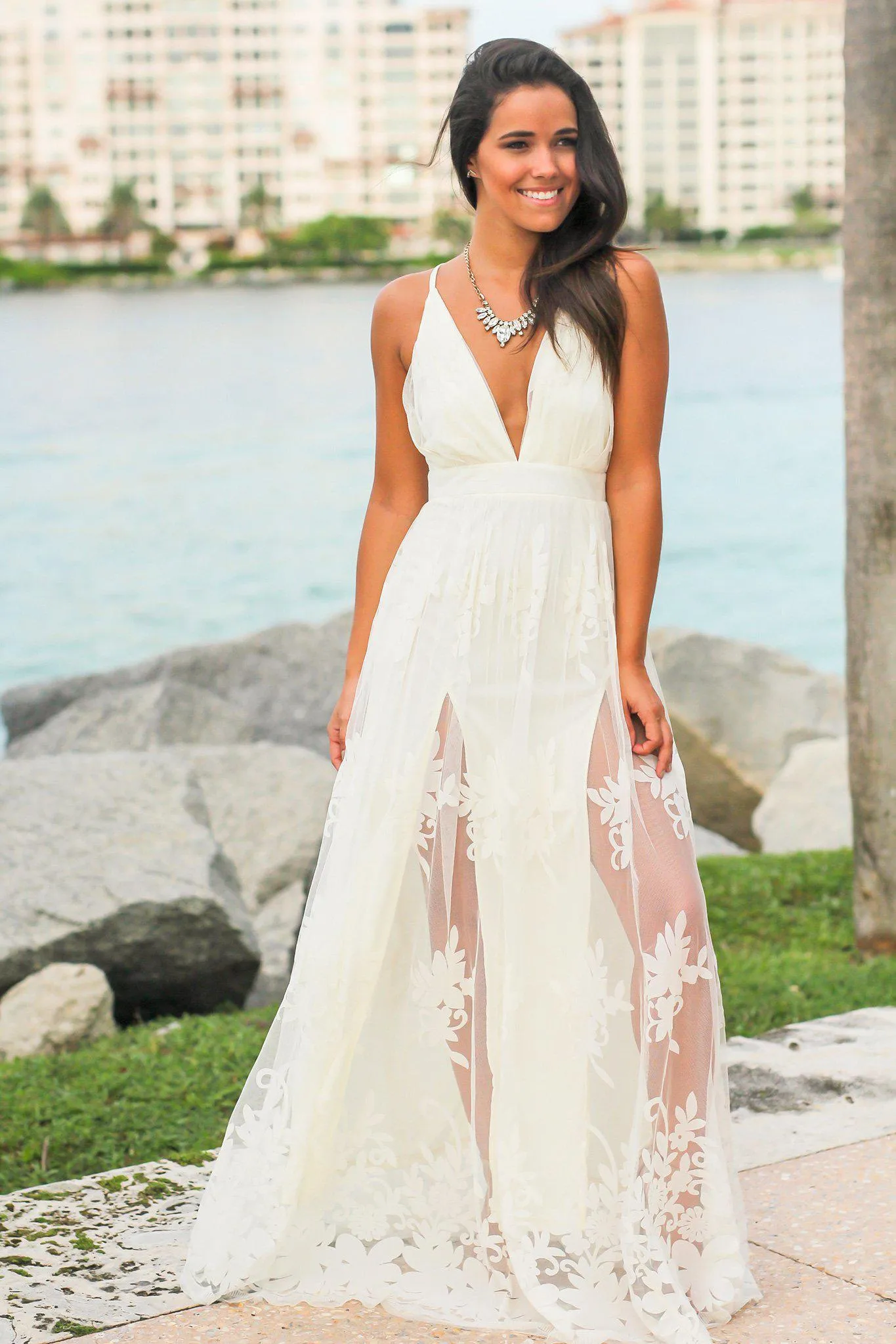 Ivory Floral Tulle Maxi Dress with Criss Cross Back