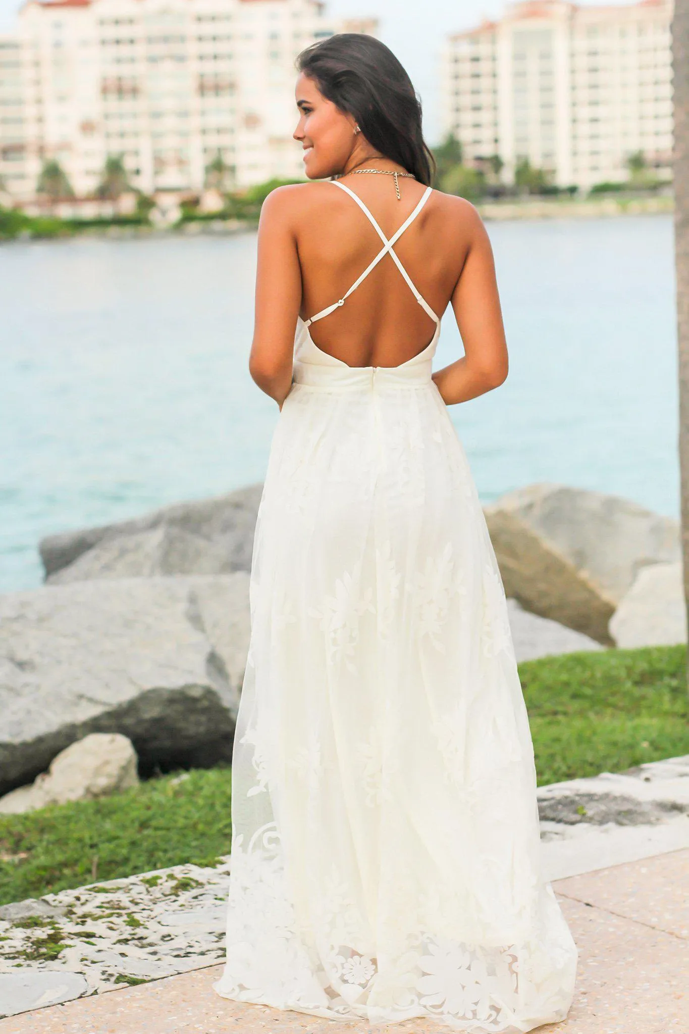 Ivory Floral Tulle Maxi Dress with Criss Cross Back